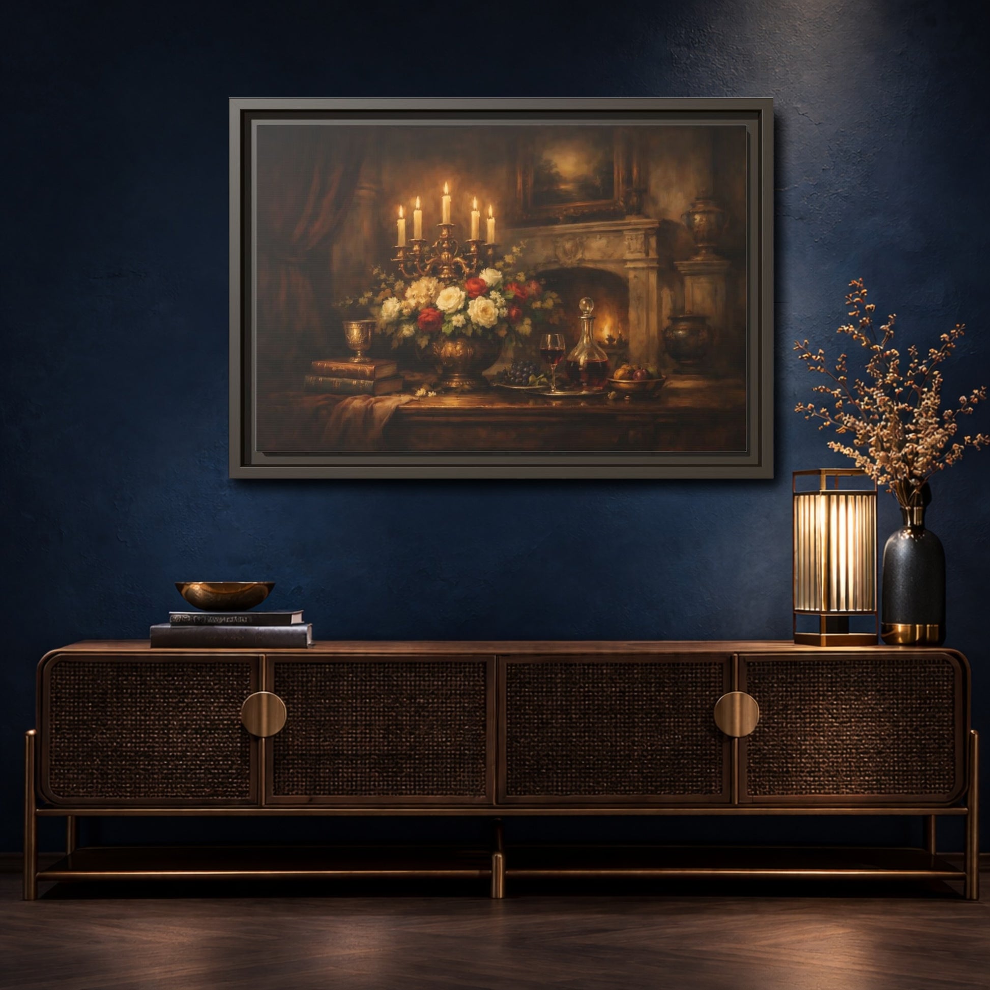 Mockup 4. Vintage Floral Arrangement Warm Vintage Still Life shown as stretched canvas wall art