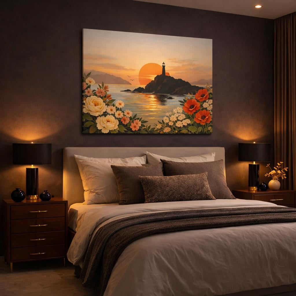 Vintage Floral Coast shown as canvas wall art in a luxury bedroom