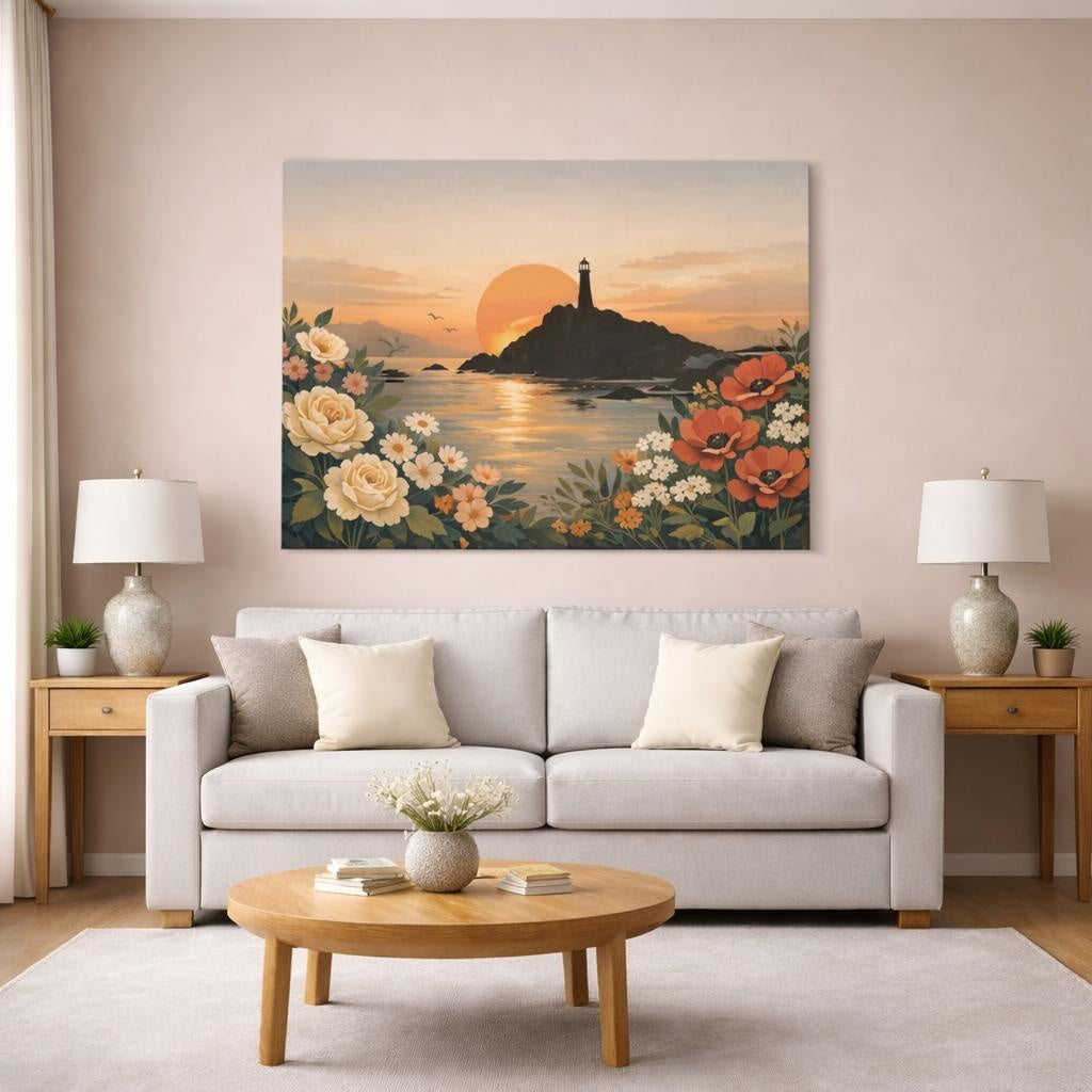 Vintage Floral Coast shown as canvas wall art in a modern living room