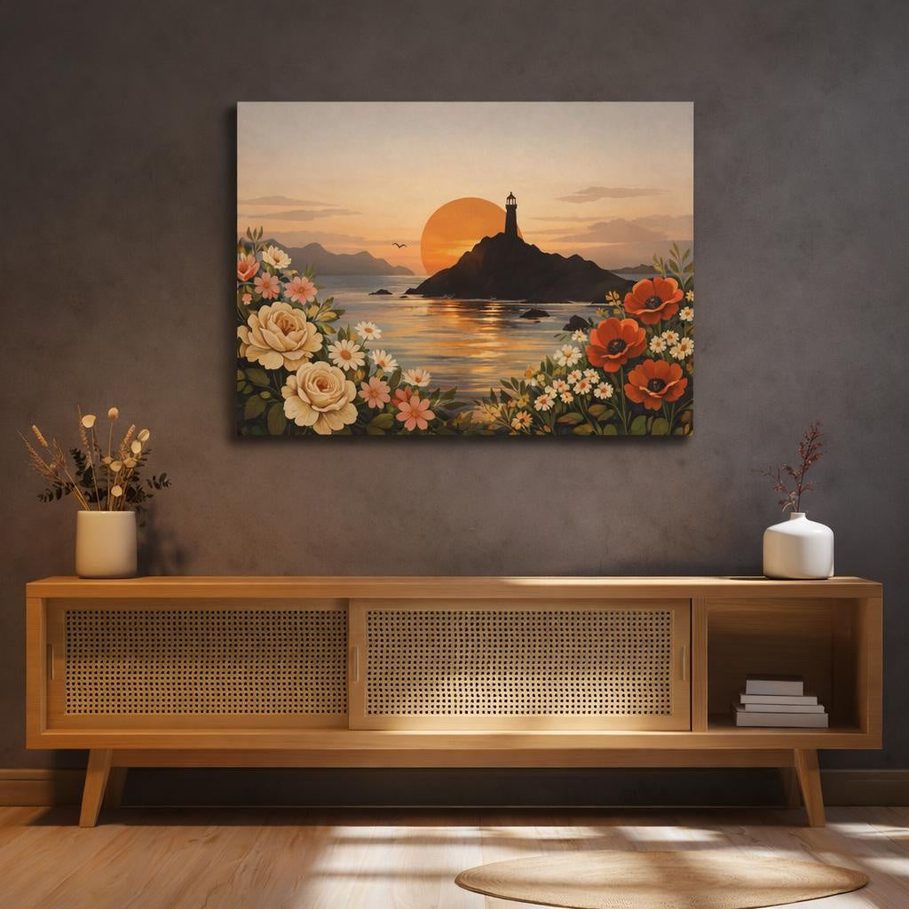 Vintage Floral Coast shown as canvas wall art in a refined dining room