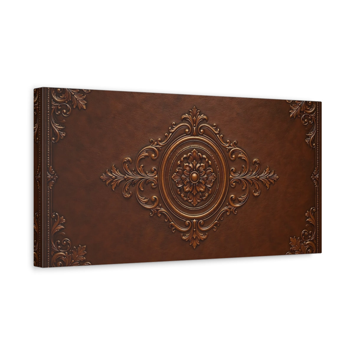Side Mockup 3. Vintage Floral Emblem Brown Bronze shown as stretched canvas wall art