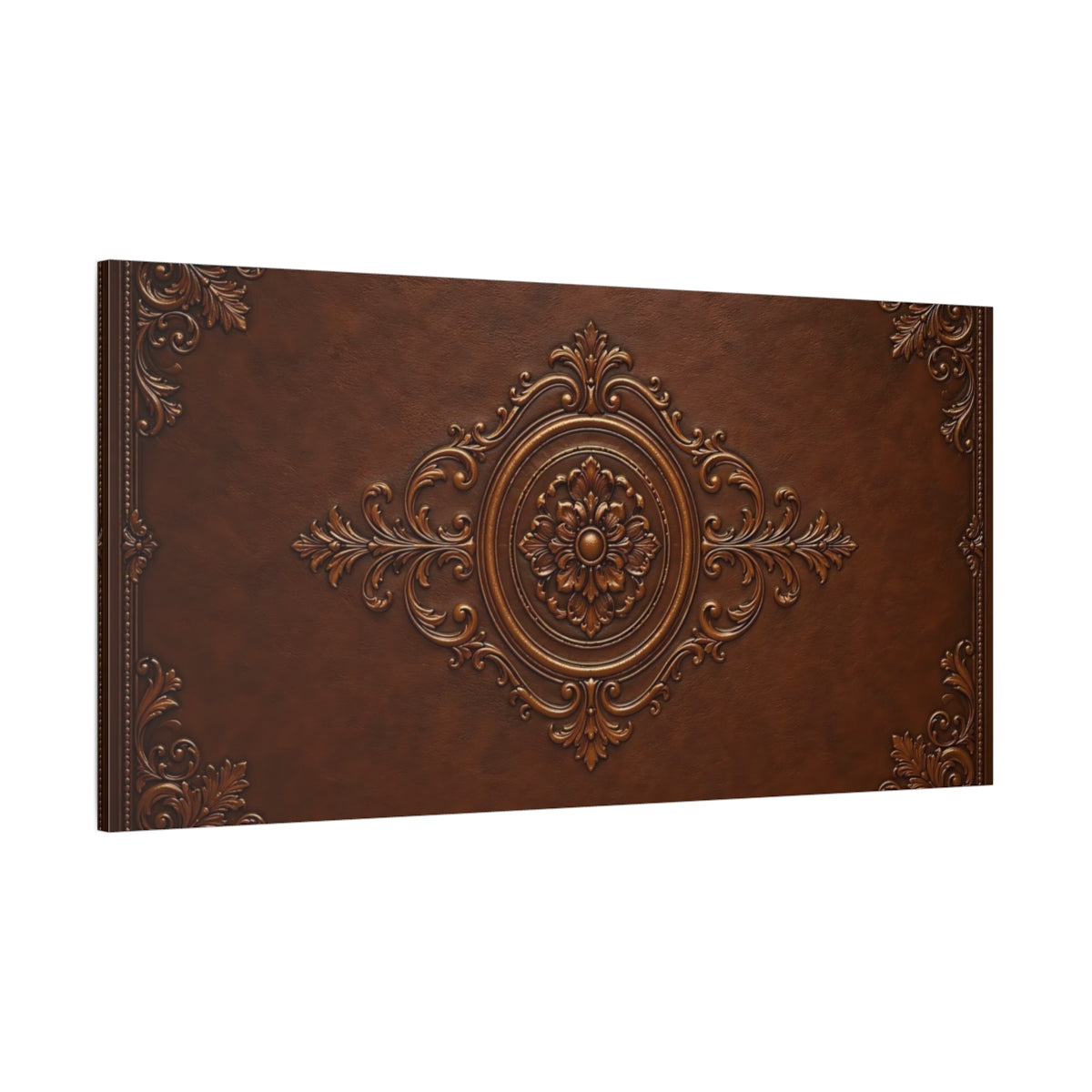 Side Mockup 2. Vintage Floral Emblem Brown Bronze shown as stretched canvas wall art