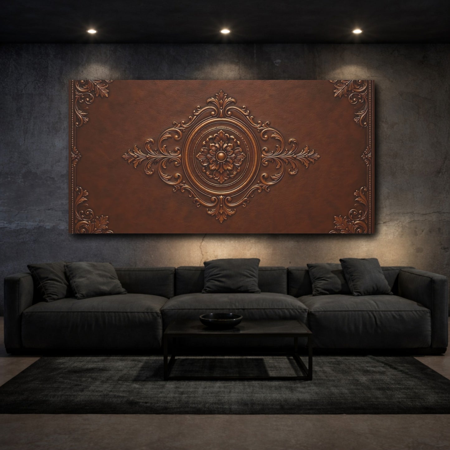 Mockup 2. Vintage Floral Emblem Brown Bronze shown as stretched canvas wall art