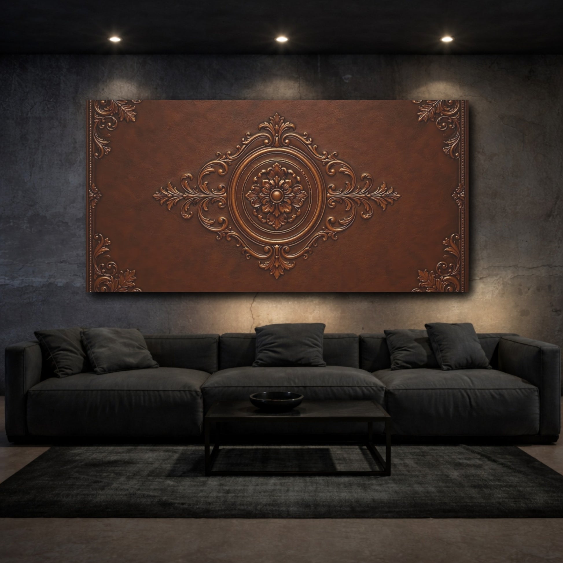 Mockup 2. Vintage Floral Emblem Brown Bronze shown as stretched canvas wall art