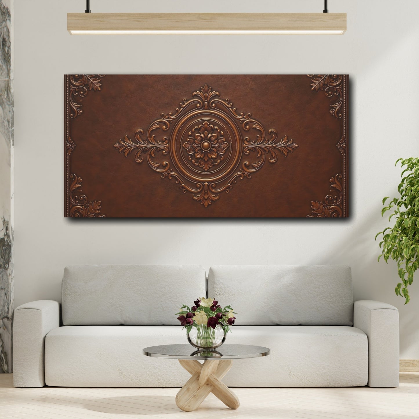 Mockup 3. Vintage Floral Emblem Brown Bronze shown as stretched canvas wall art