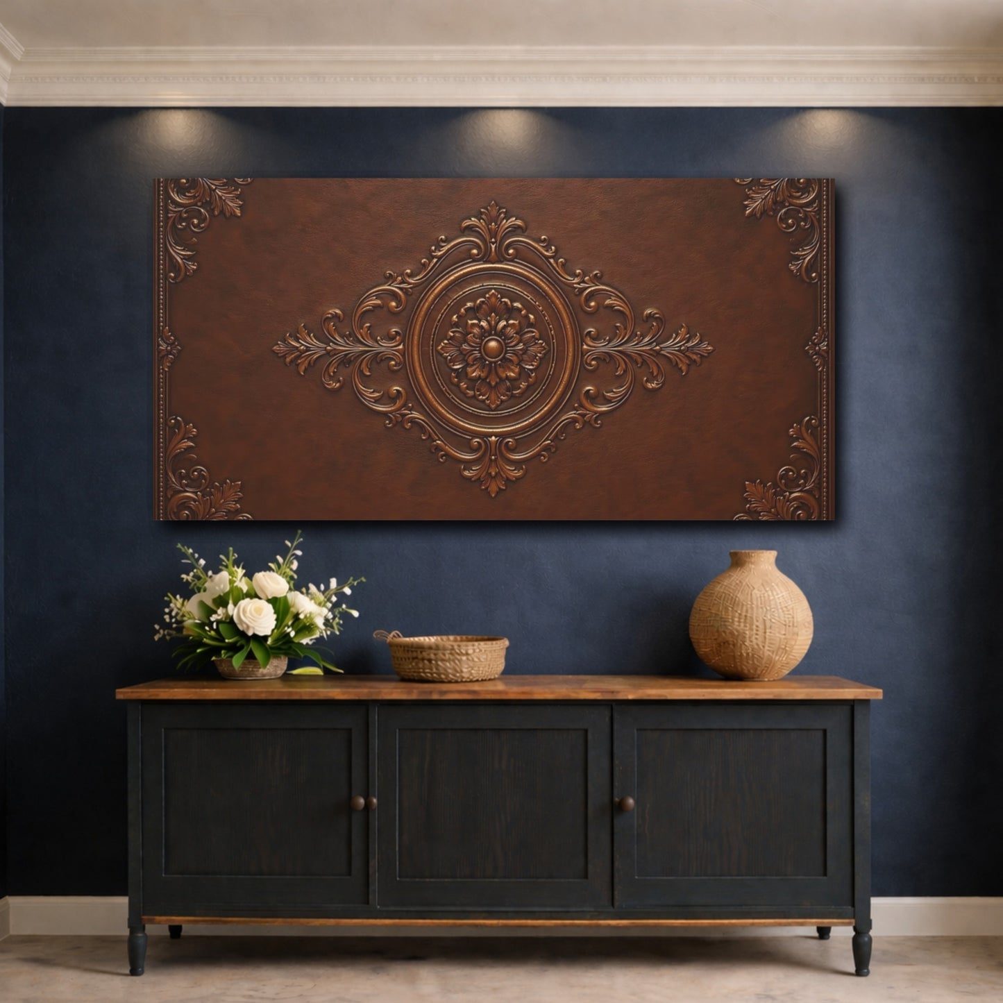Mockup 4. Vintage Floral Emblem Brown Bronze shown as stretched canvas wall art