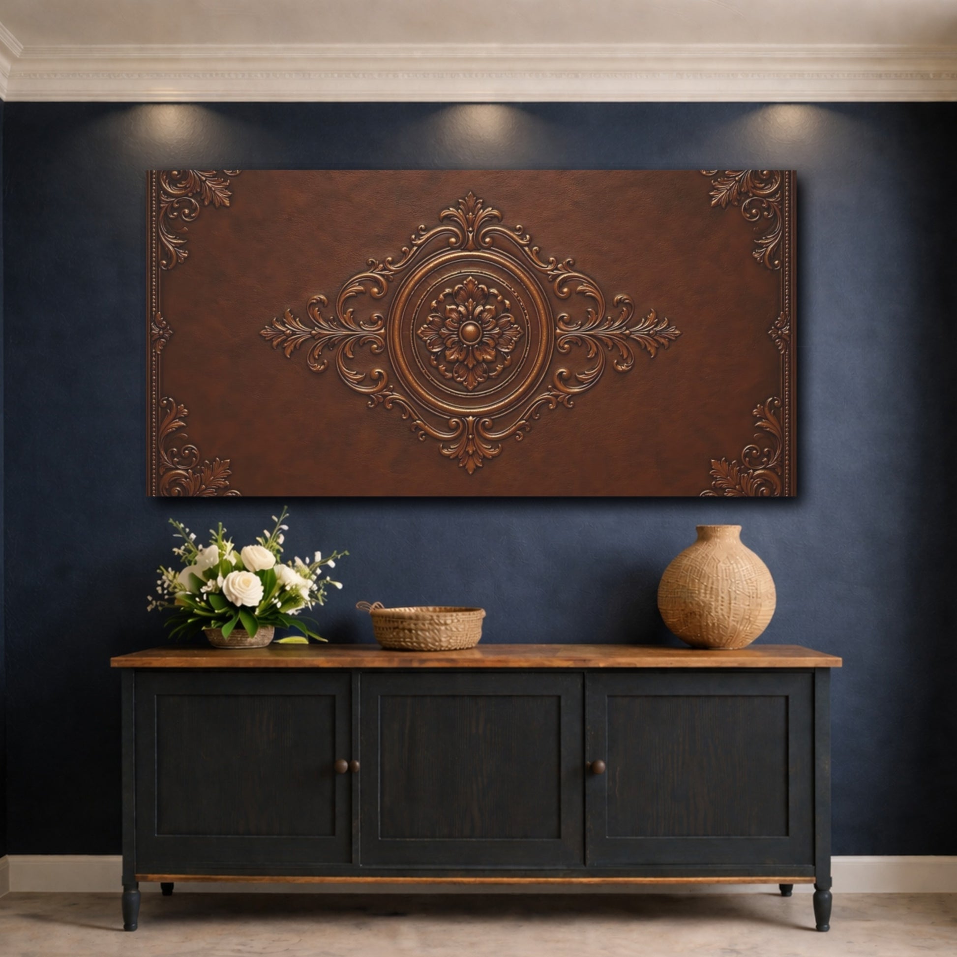 Mockup 4. Vintage Floral Emblem Brown Bronze shown as stretched canvas wall art