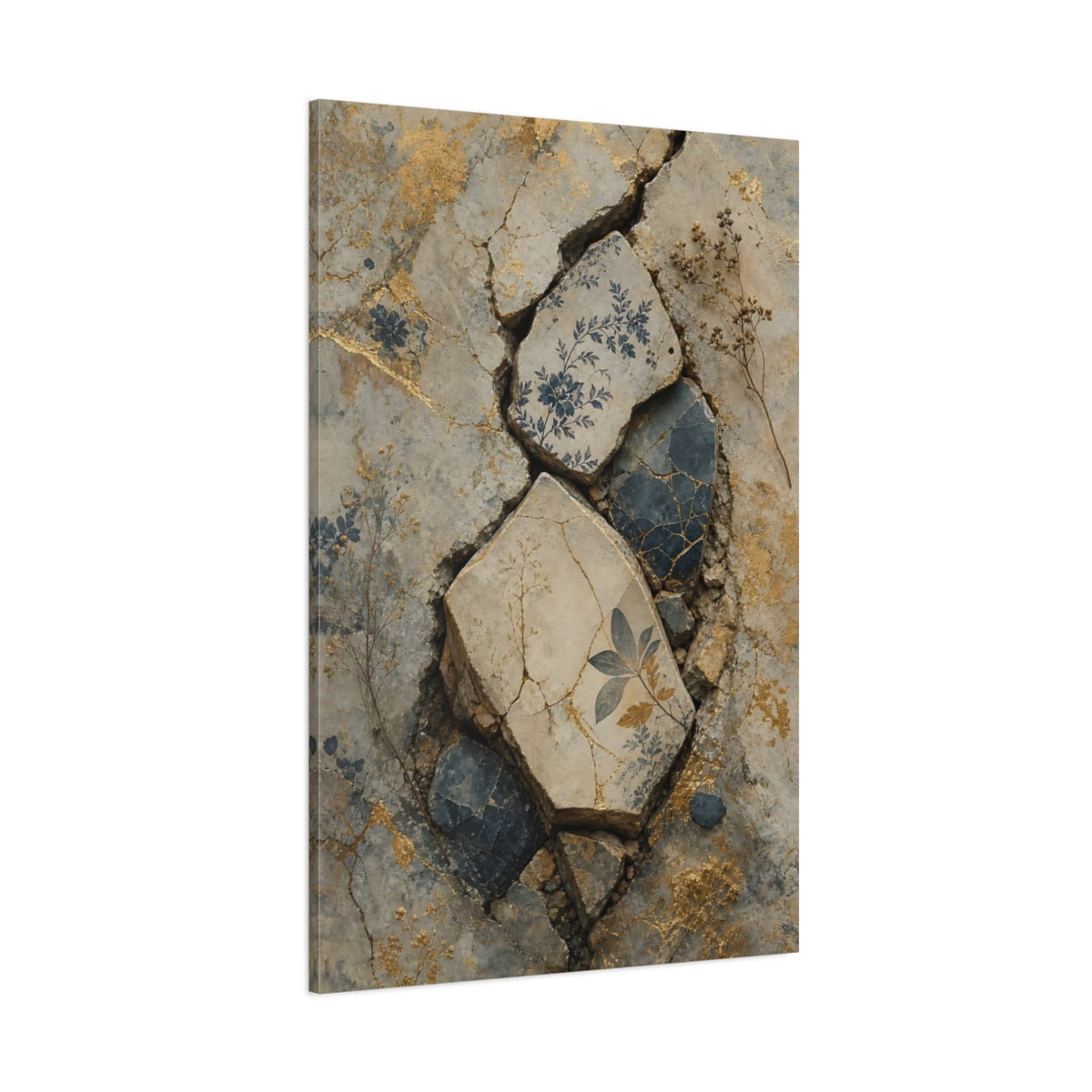 Side Mockup 1. Vintage Floral Patterns Vintage Floral Gold shown as stretched canvas wall art