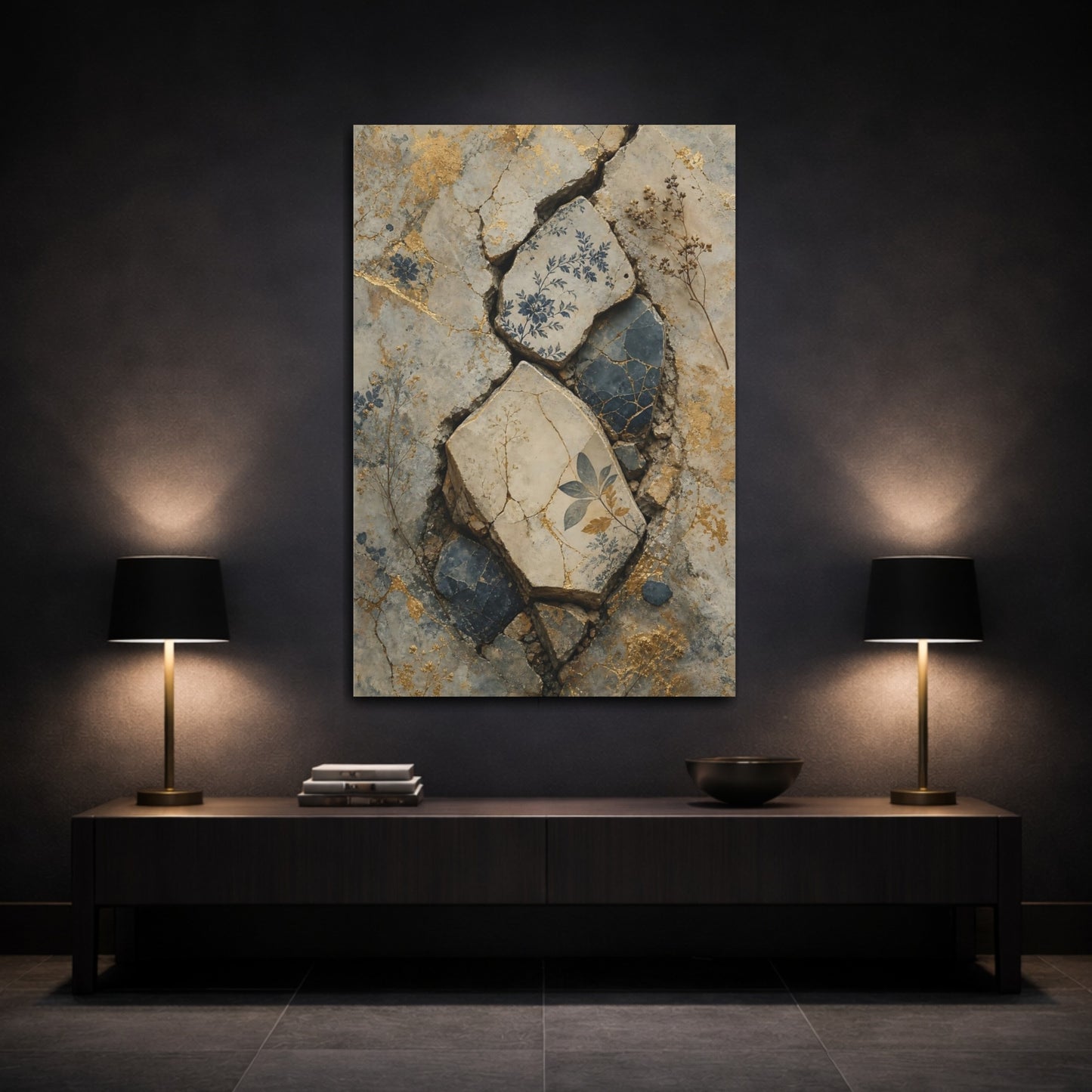 Mockup 3. Vintage Floral Patterns Vintage Floral Gold shown as stretched canvas wall art