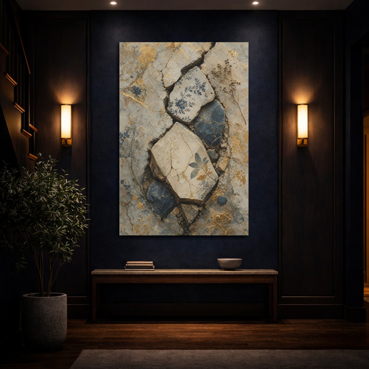 Mockup 4. Vintage Floral Patterns Vintage Floral Gold shown as stretched canvas wall art