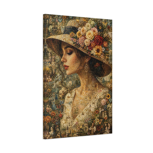 Main Mockup. Vintage Floral Portrait Floral Woman Mosaic shown as stretched canvas wall art