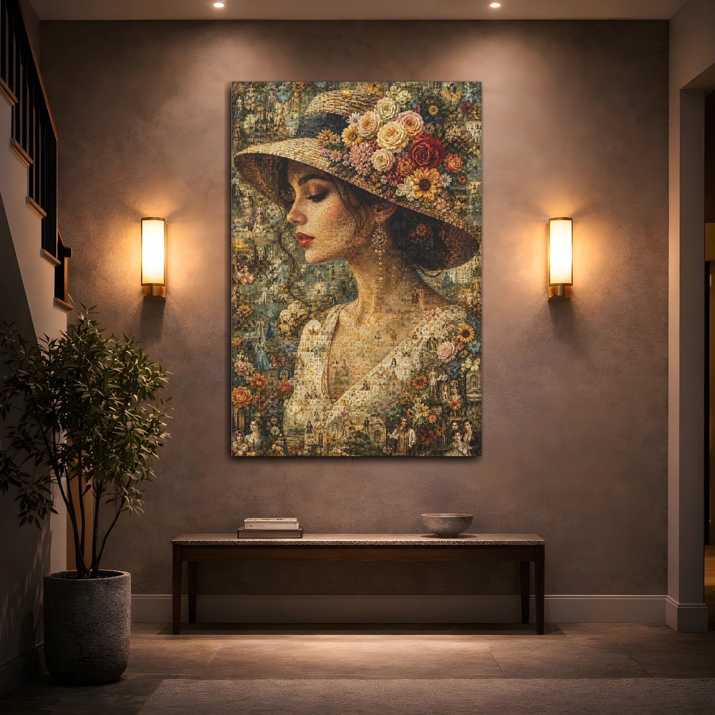 Mockup 2. Vintage Floral Portrait Floral Woman Mosaic shown as stretched canvas wall art