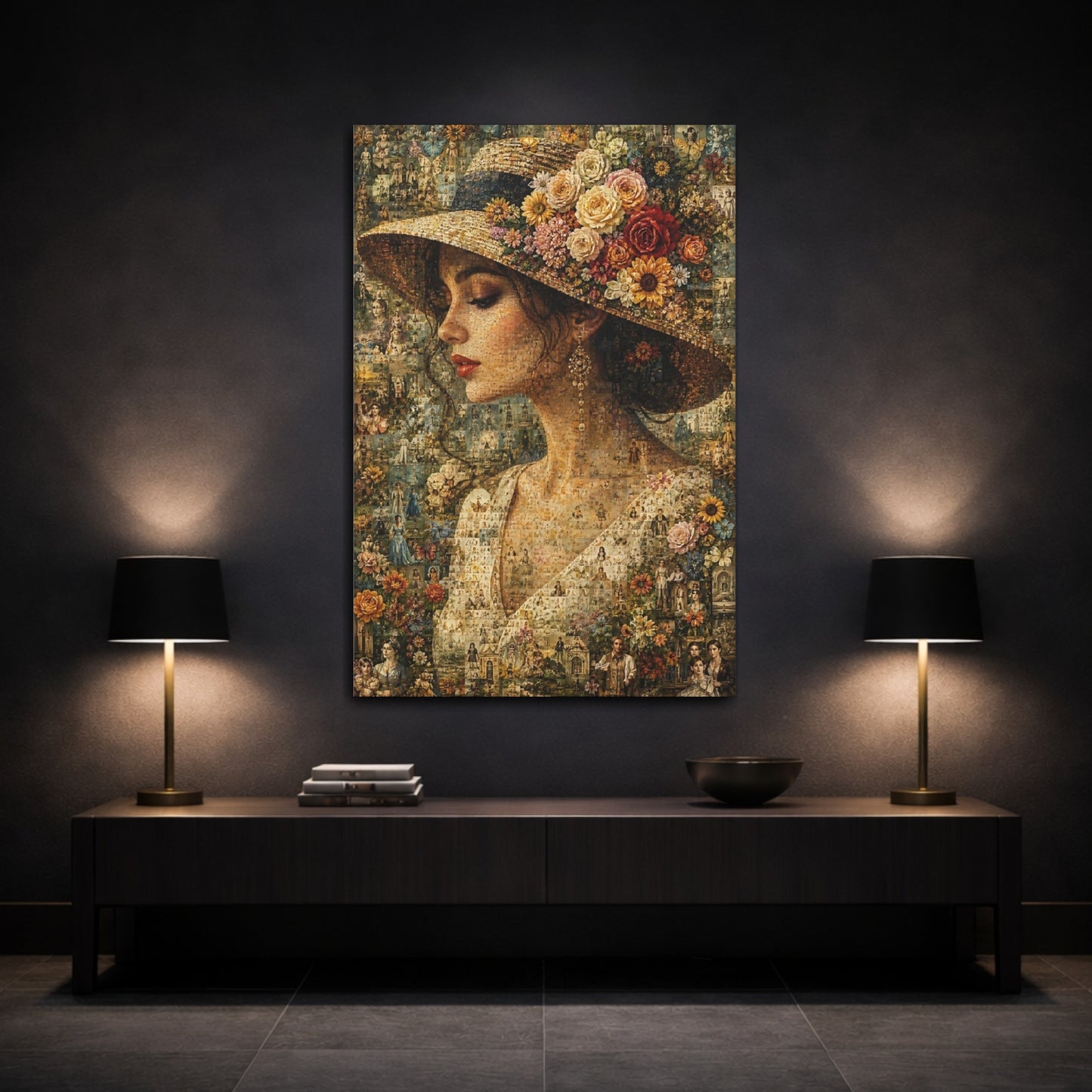Mockup 3. Vintage Floral Portrait Floral Woman Mosaic shown as stretched canvas wall art
