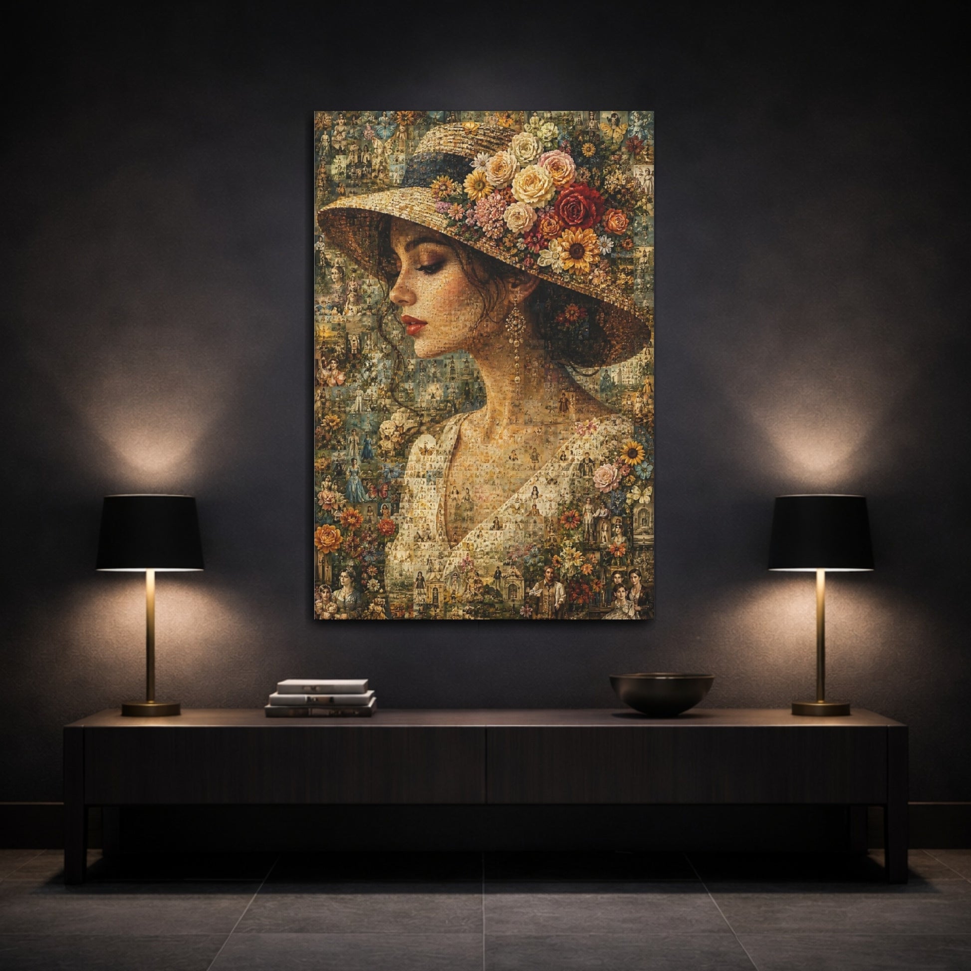 Mockup 3. Vintage Floral Portrait Floral Woman Mosaic shown as stretched canvas wall art