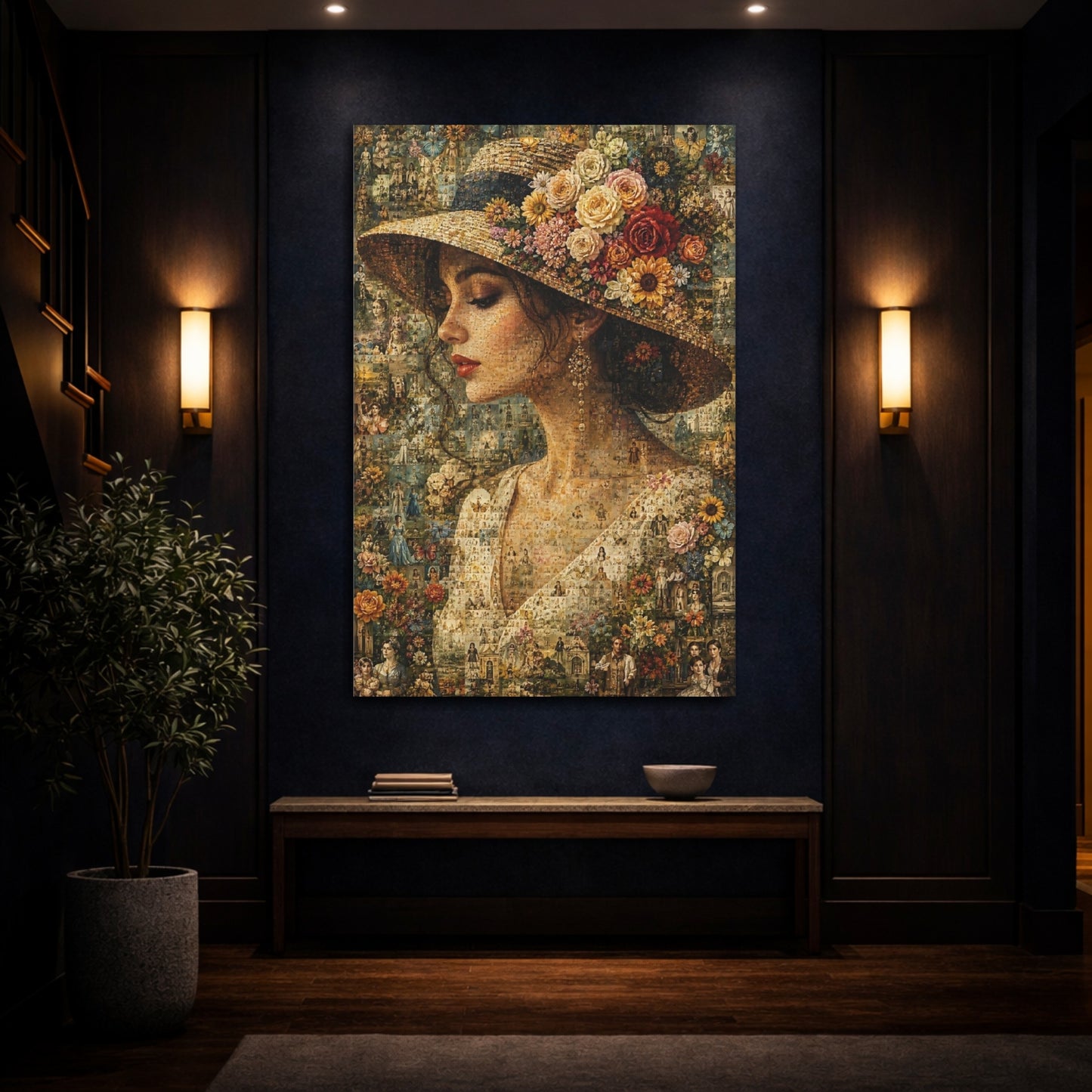 Mockup 4. Vintage Floral Portrait Floral Woman Mosaic shown as stretched canvas wall art