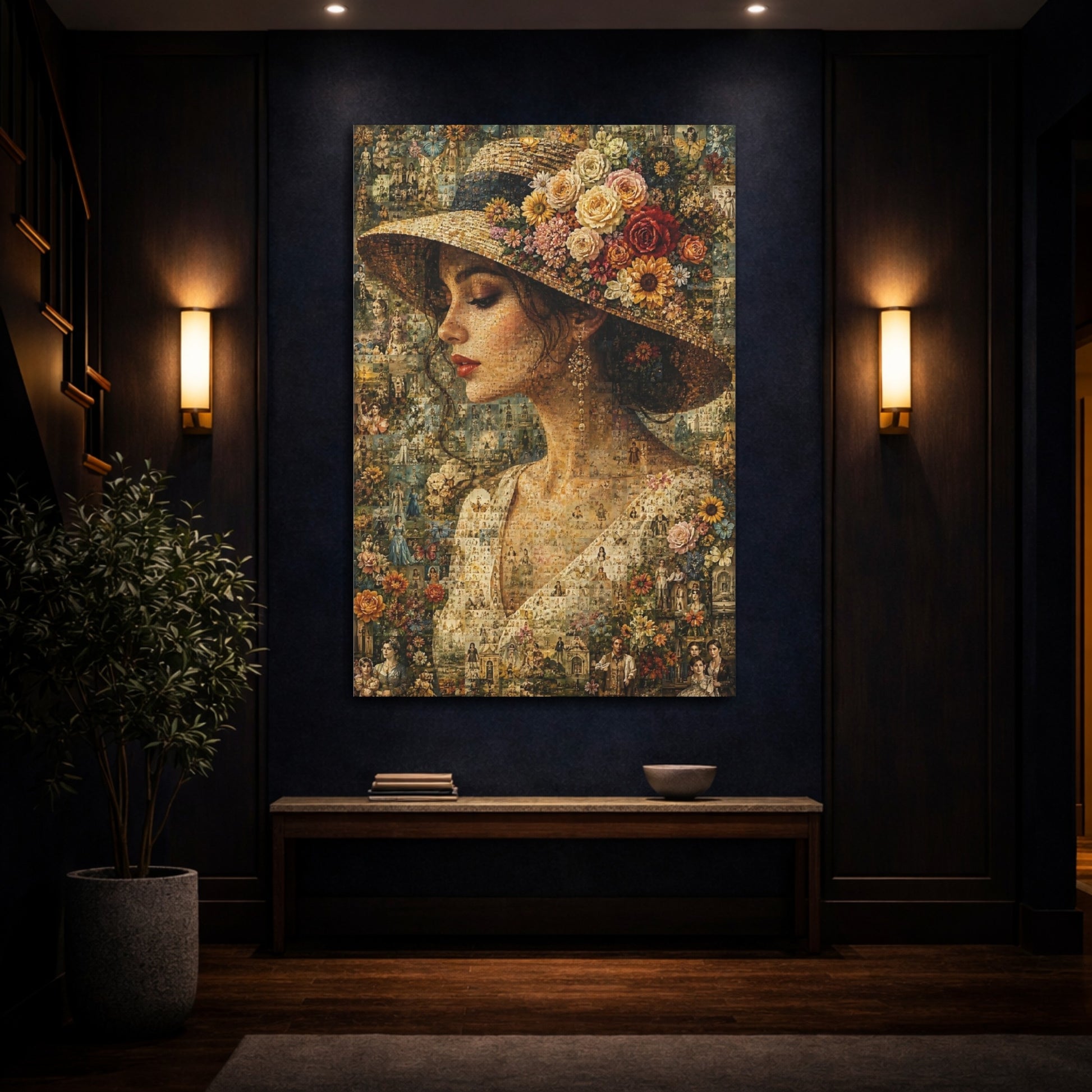 Mockup 4. Vintage Floral Portrait Floral Woman Mosaic shown as stretched canvas wall art