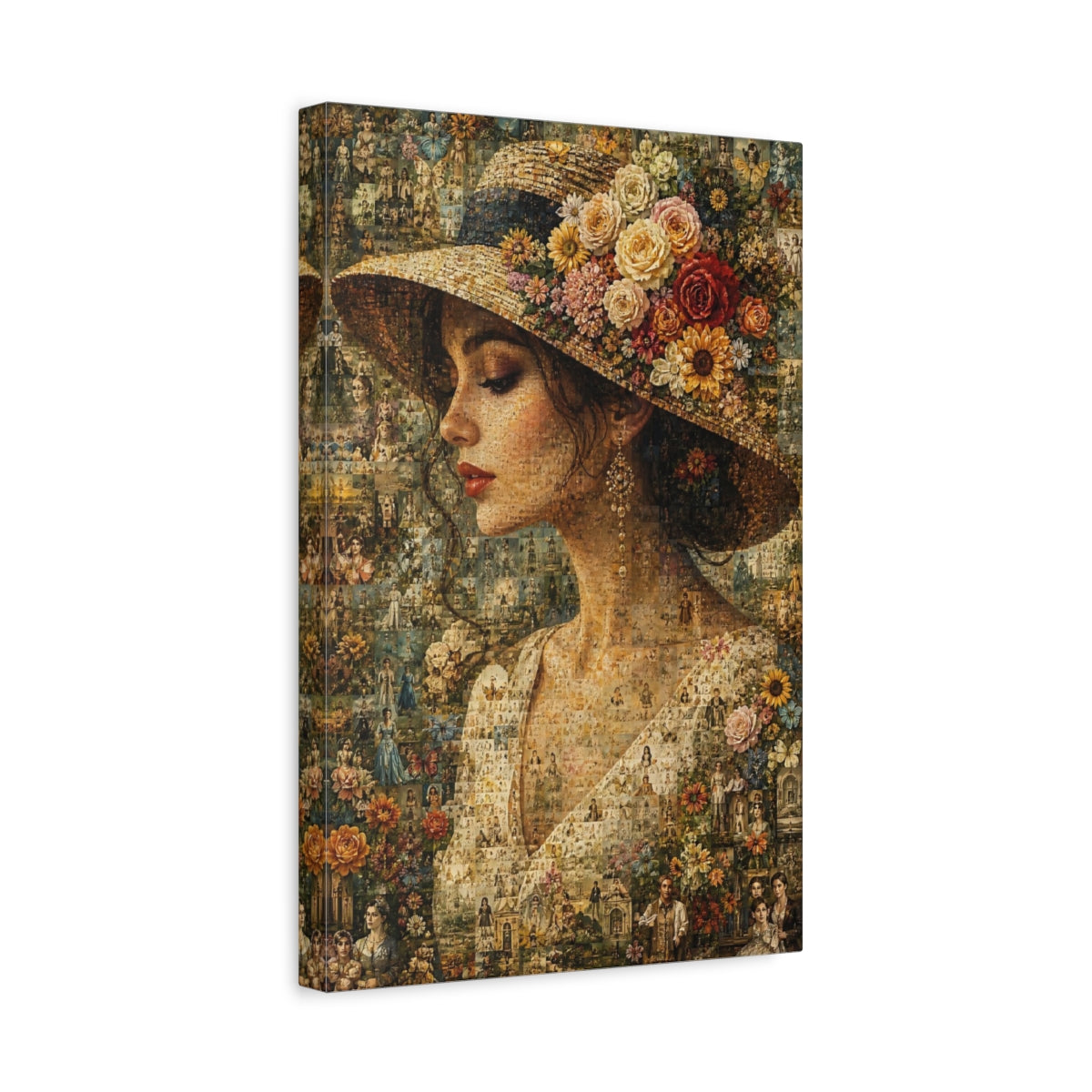 Side Mockup 4. Vintage Floral Portrait Floral Woman Mosaic shown as stretched canvas wall art