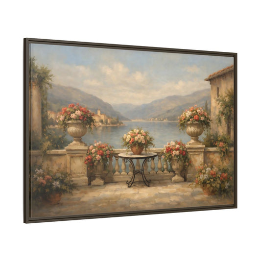 Main Mockup. Vintage Floral Terrace Warm Scenic View shown as stretched canvas wall art