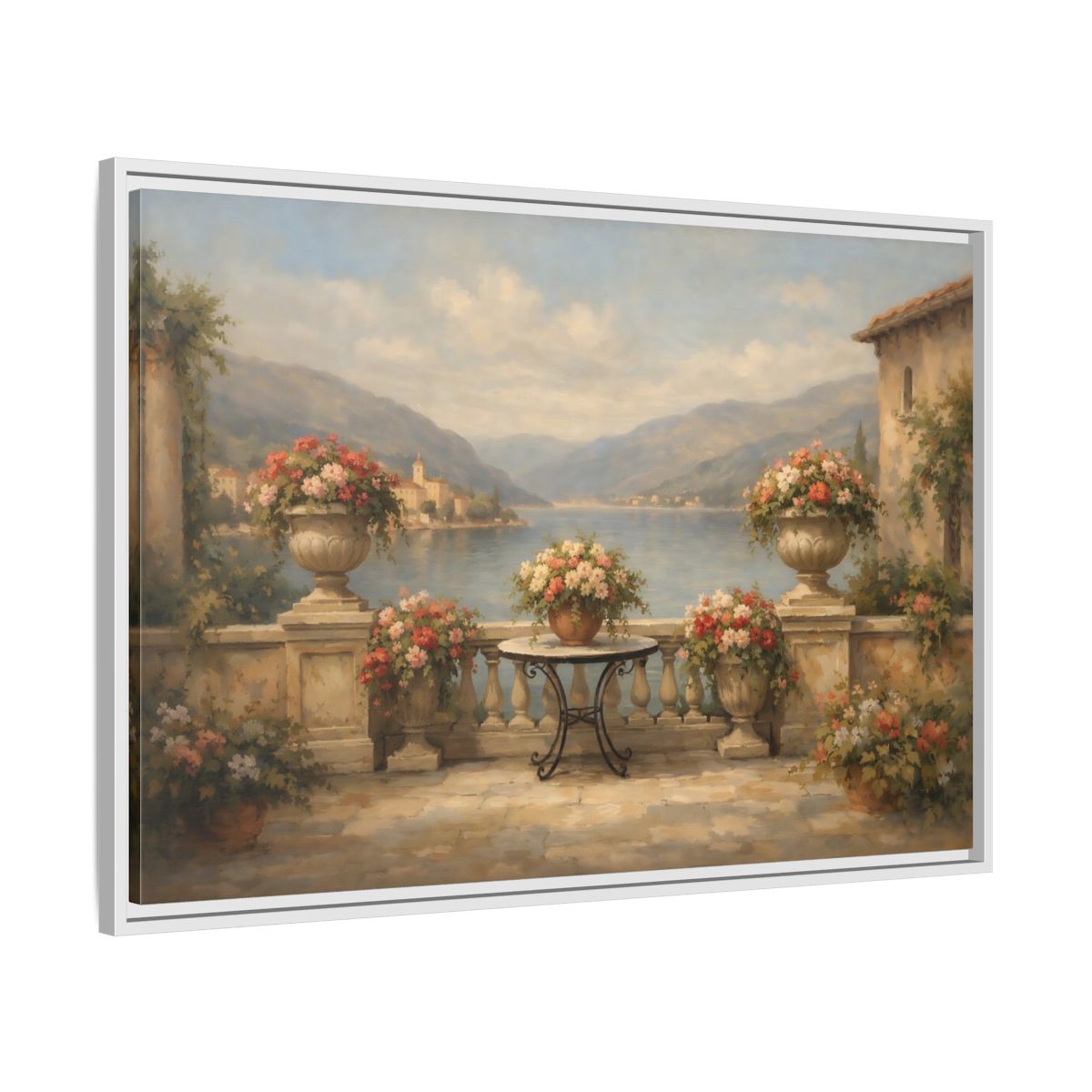 Side Mockup 8. Vintage Floral Terrace Warm Scenic View shown as stretched canvas wall art
