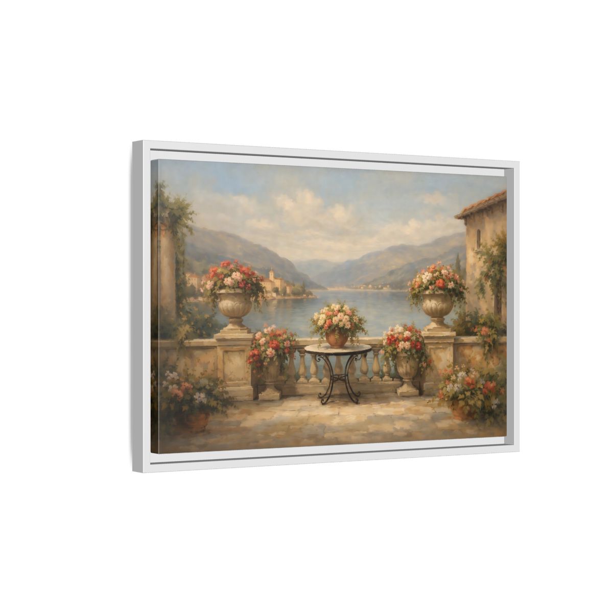 Side Mockup 1. Vintage Floral Terrace Warm Scenic View shown as stretched canvas wall art