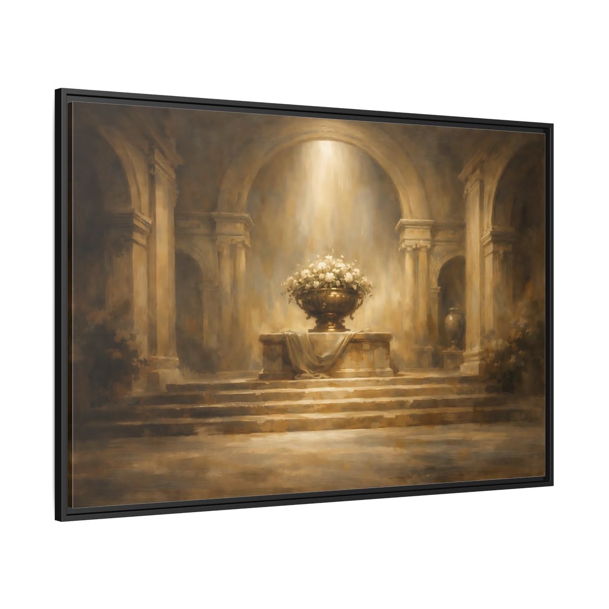 Side Mockup 12. Vintage Floral Urn Golden Brown shown as stretched canvas wall art