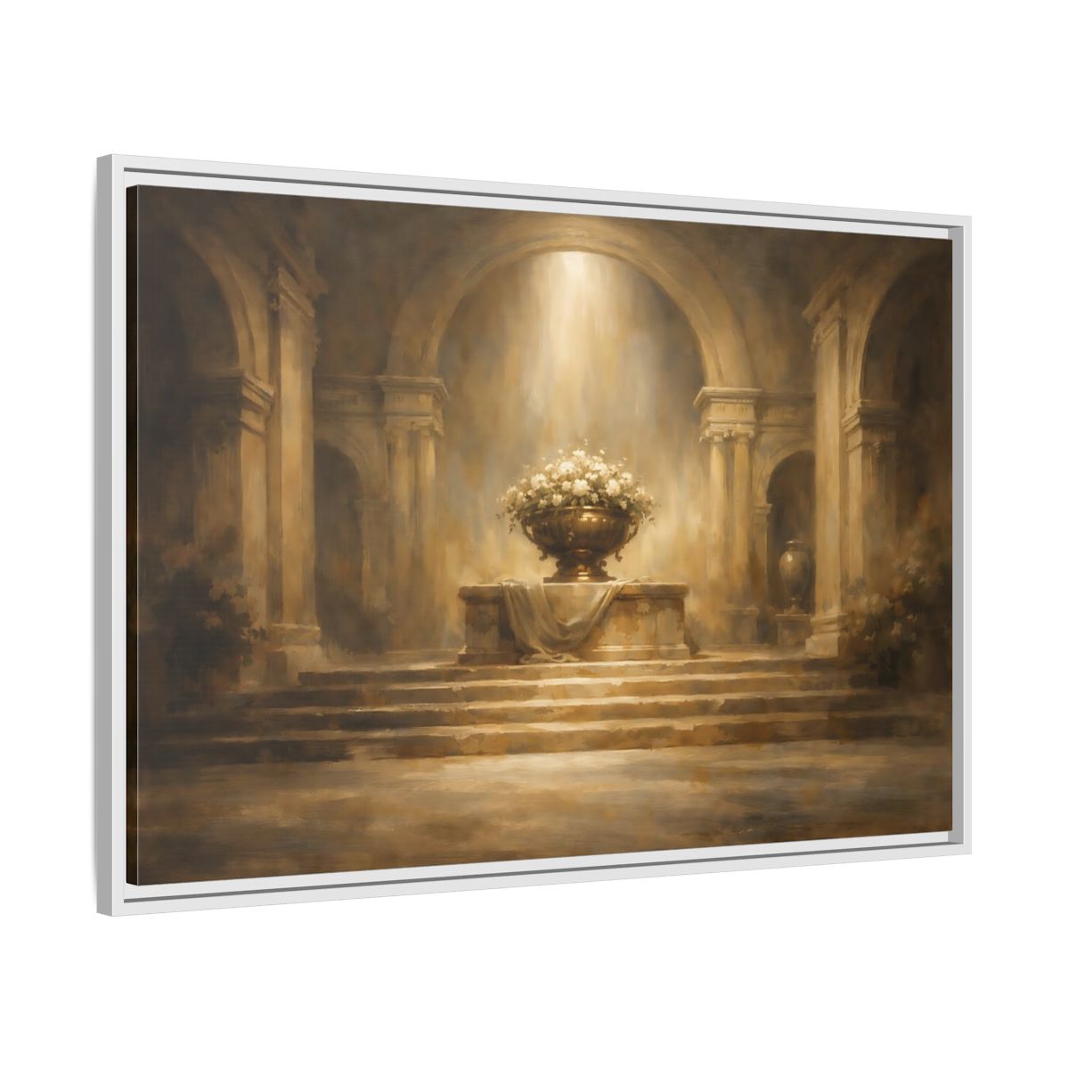 Side Mockup 8. Vintage Floral Urn Golden Brown shown as stretched canvas wall art
