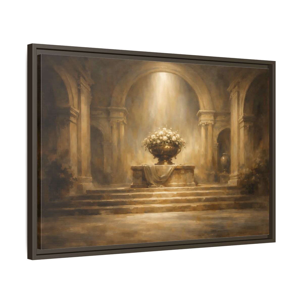 Side Mockup 11. Vintage Floral Urn Golden Brown shown as stretched canvas wall art