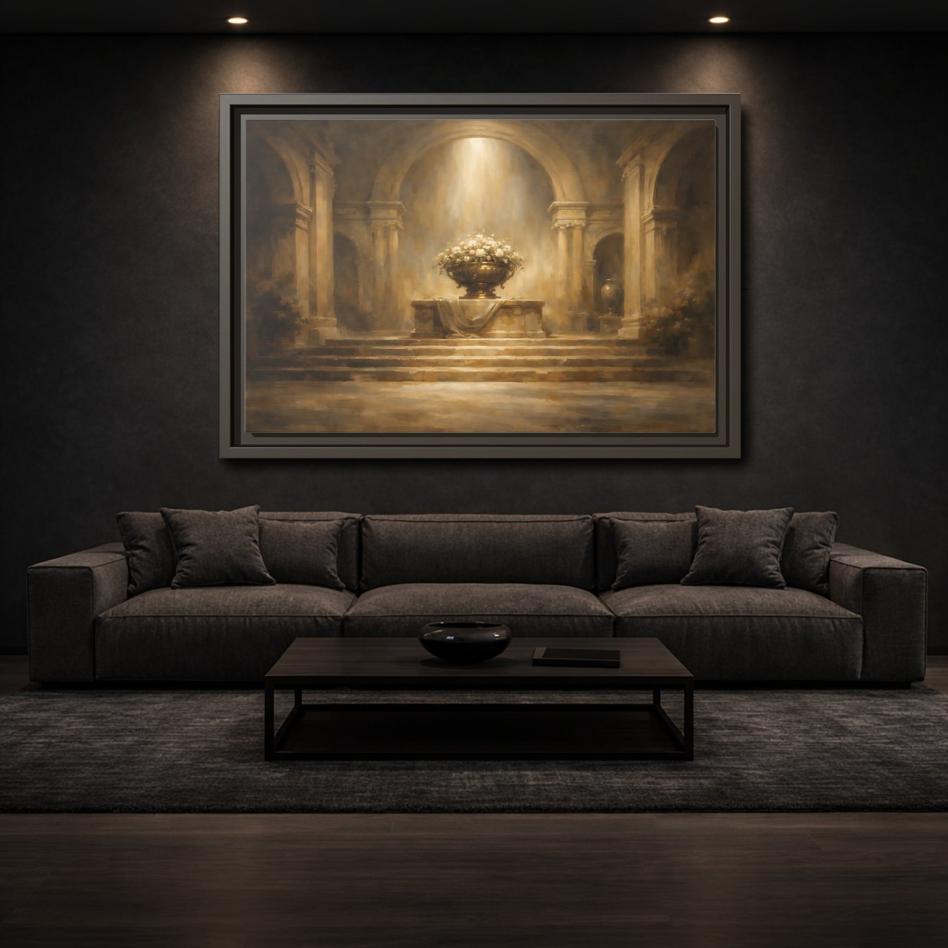 Mockup 2. Vintage Floral Urn Golden Brown shown as stretched canvas wall art