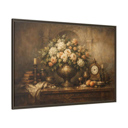 Main Mockup. Vintage Flower Arrangement Brown And Gold shown as stretched canvas wall art