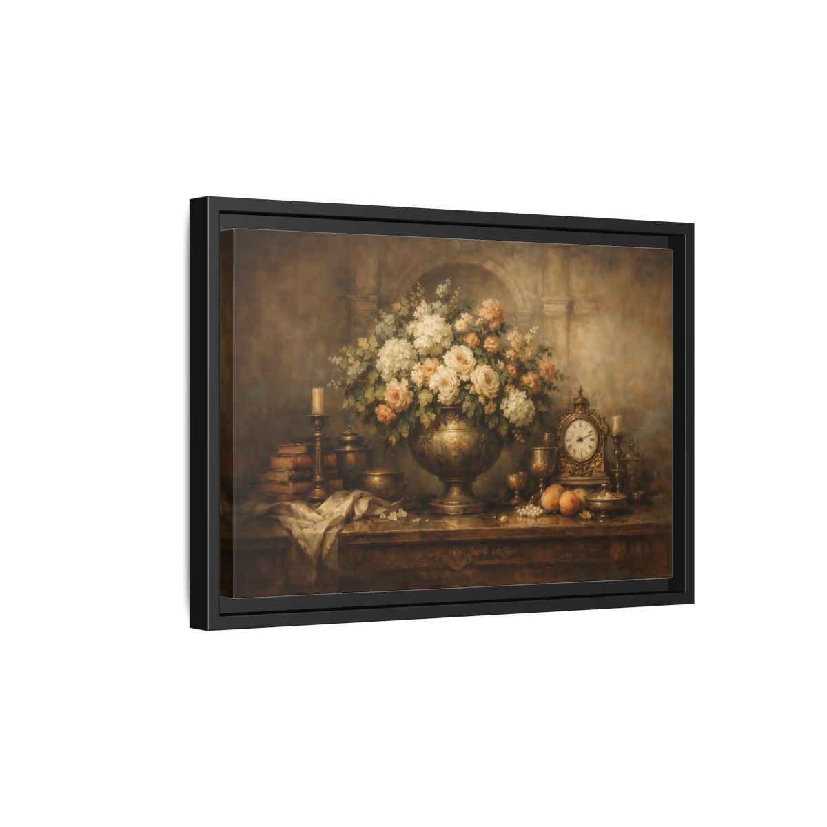 Side Mockup 6. Vintage Flower Arrangement Brown And Gold shown as stretched canvas wall art