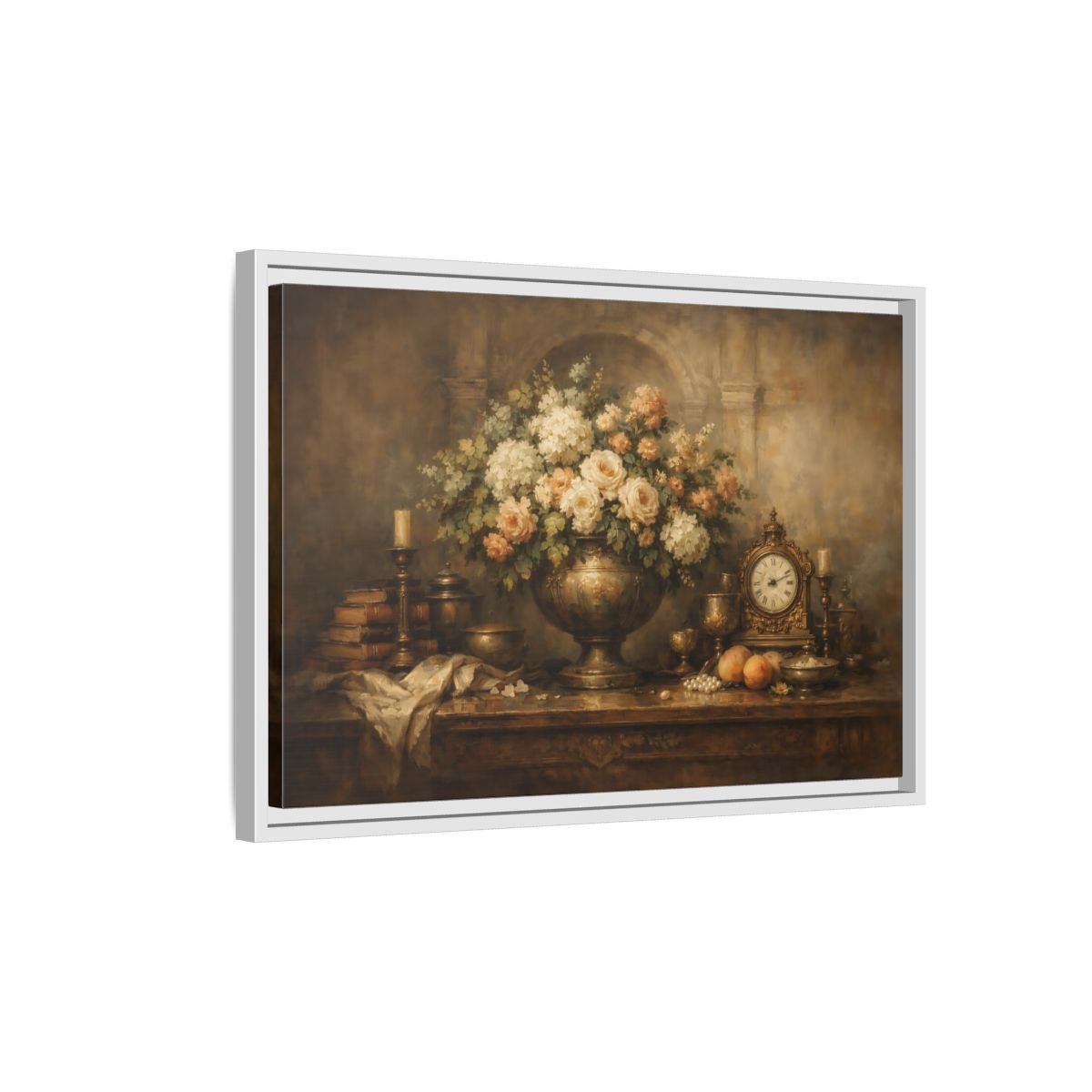 Side Mockup 1. Vintage Flower Arrangement Brown And Gold shown as stretched canvas wall art