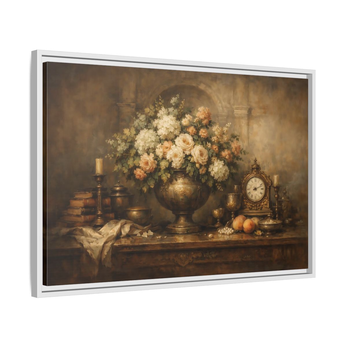 Side Mockup 10. Vintage Flower Arrangement Brown And Gold shown as stretched canvas wall art