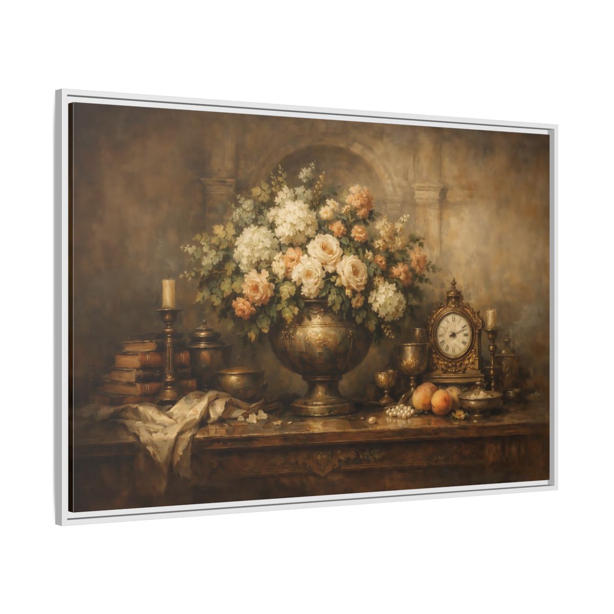 Side Mockup 7. Vintage Flower Arrangement Brown And Gold shown as stretched canvas wall art