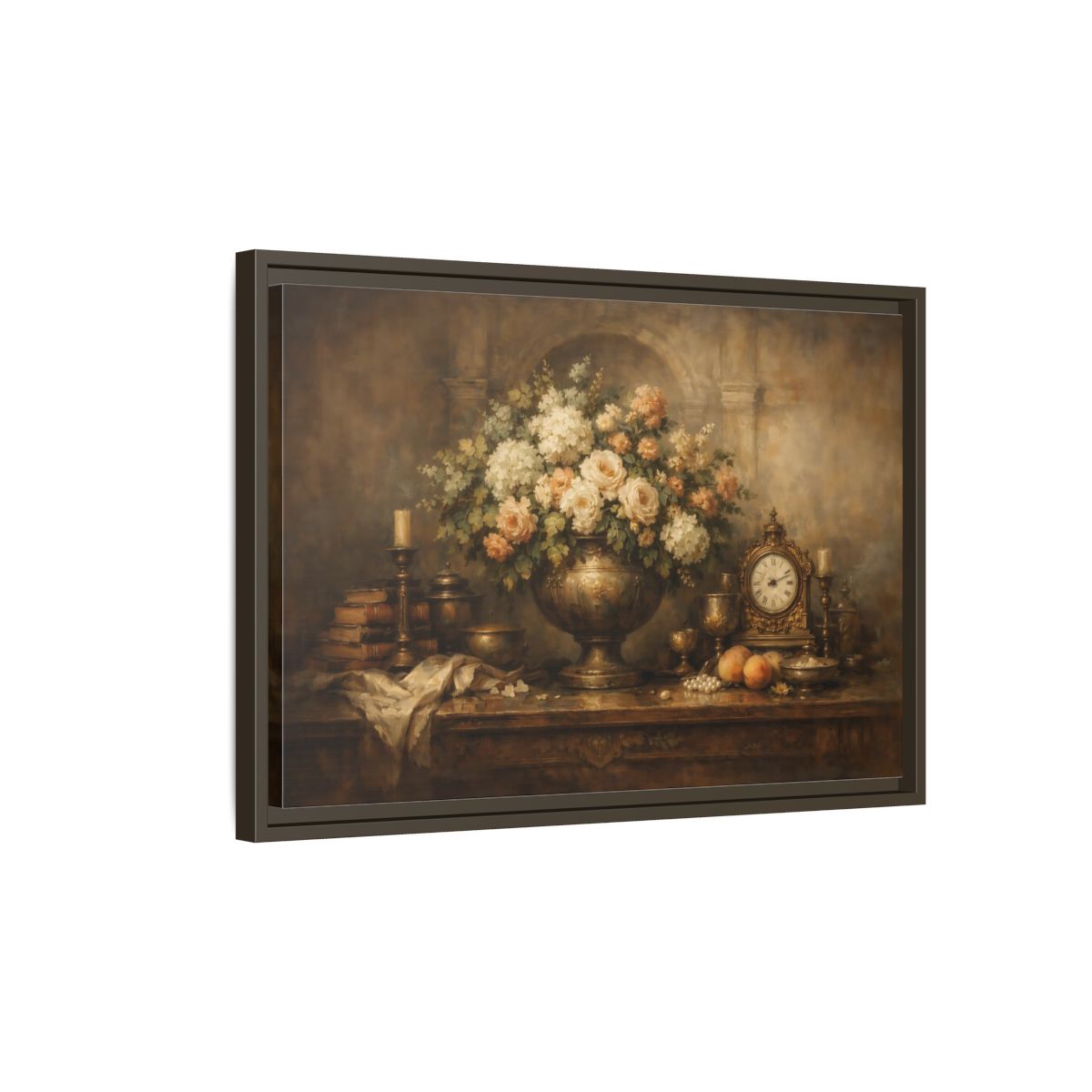Side Mockup 2. Vintage Flower Arrangement Brown And Gold shown as stretched canvas wall art