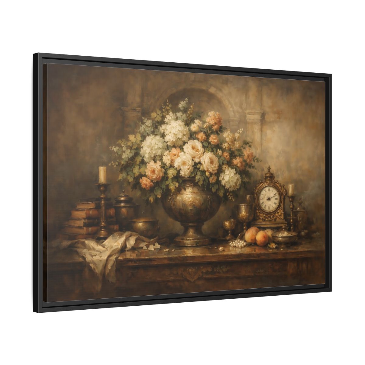 Side Mockup 13. Vintage Flower Arrangement Brown And Gold shown as stretched canvas wall art