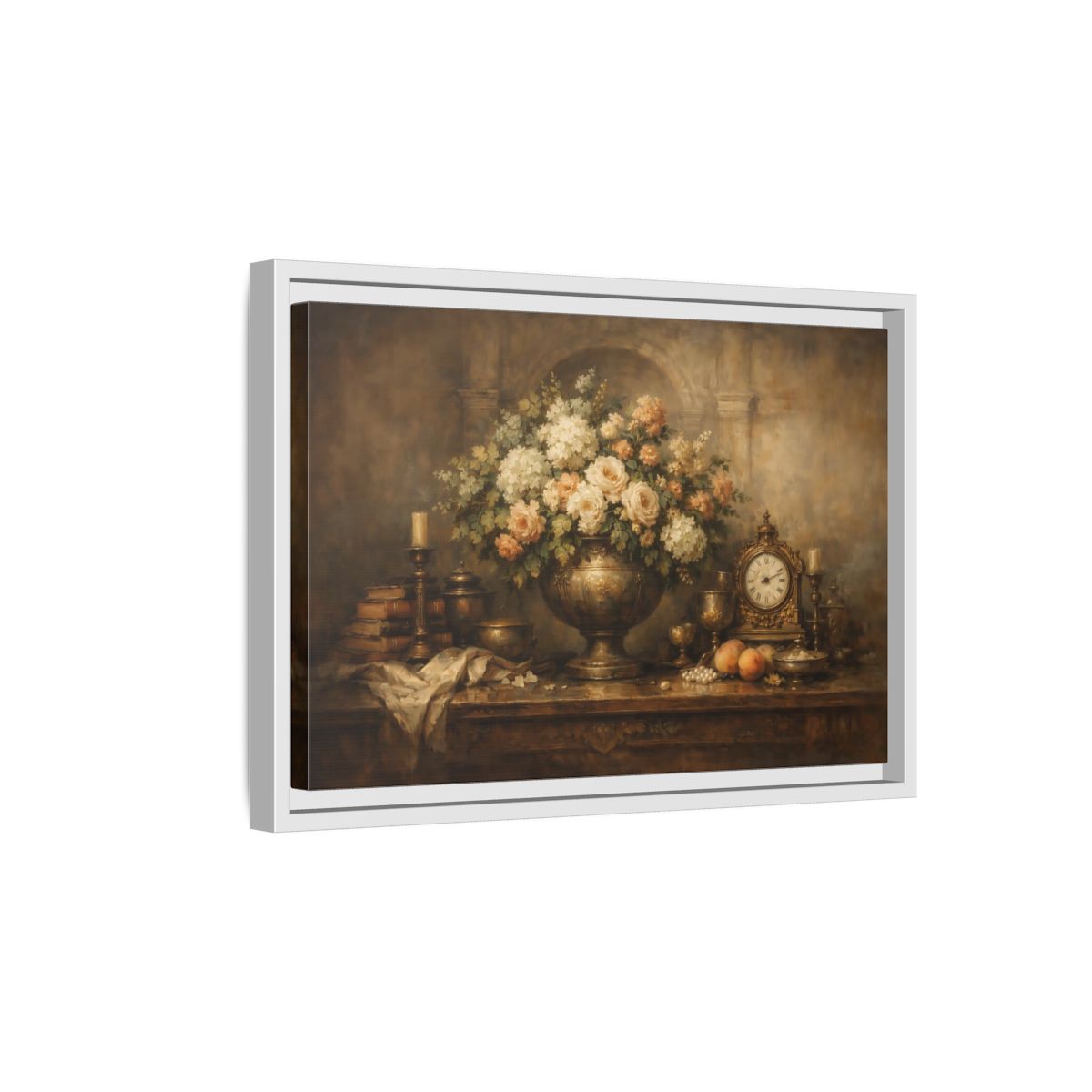 Side Mockup 4. Vintage Flower Arrangement Brown And Gold shown as stretched canvas wall art