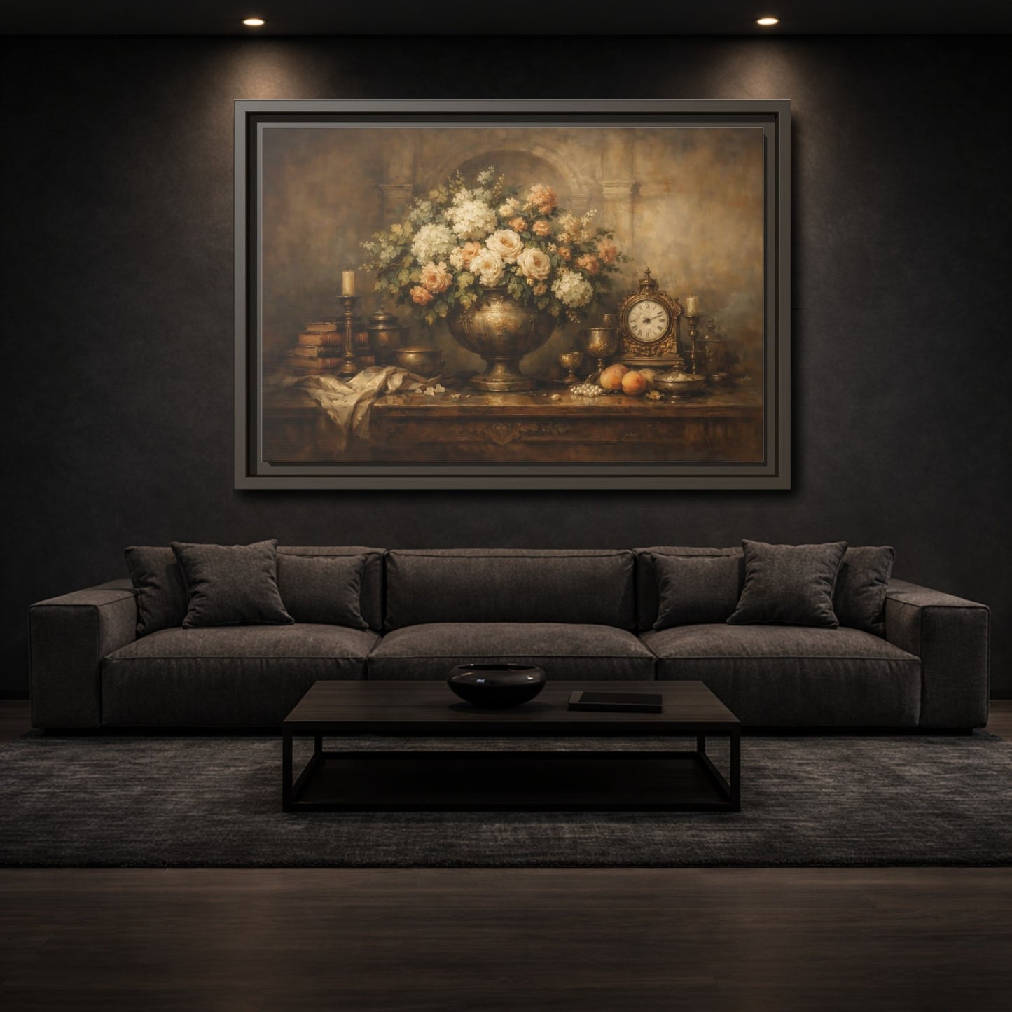 Mockup 2. Vintage Flower Arrangement Brown And Gold shown as stretched canvas wall art