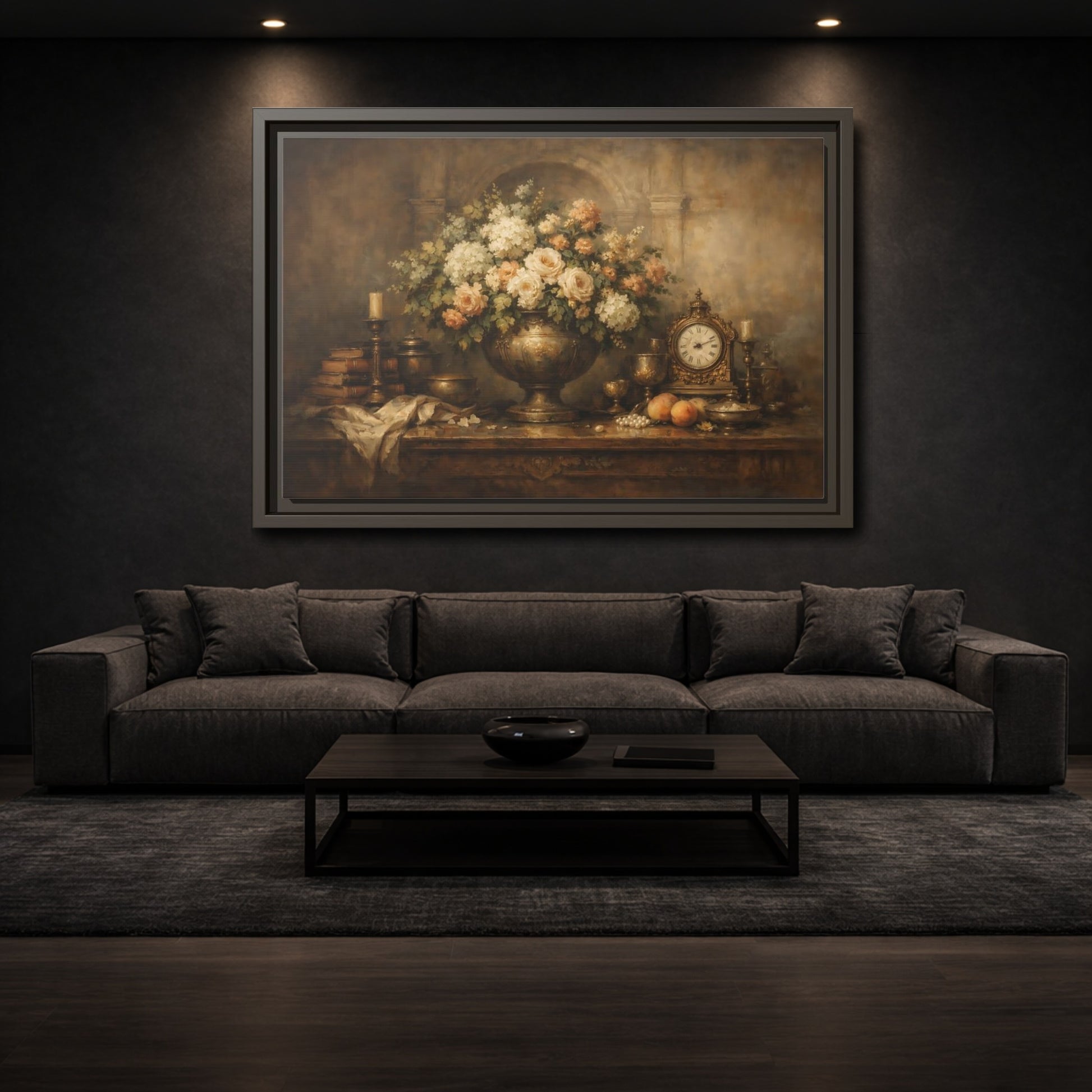 Mockup 2. Vintage Flower Arrangement Brown And Gold shown as stretched canvas wall art