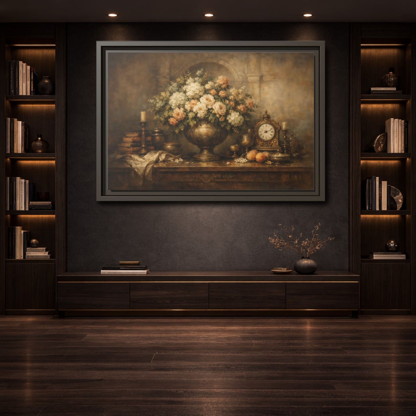 Mockup 3. Vintage Flower Arrangement Brown And Gold shown as stretched canvas wall art