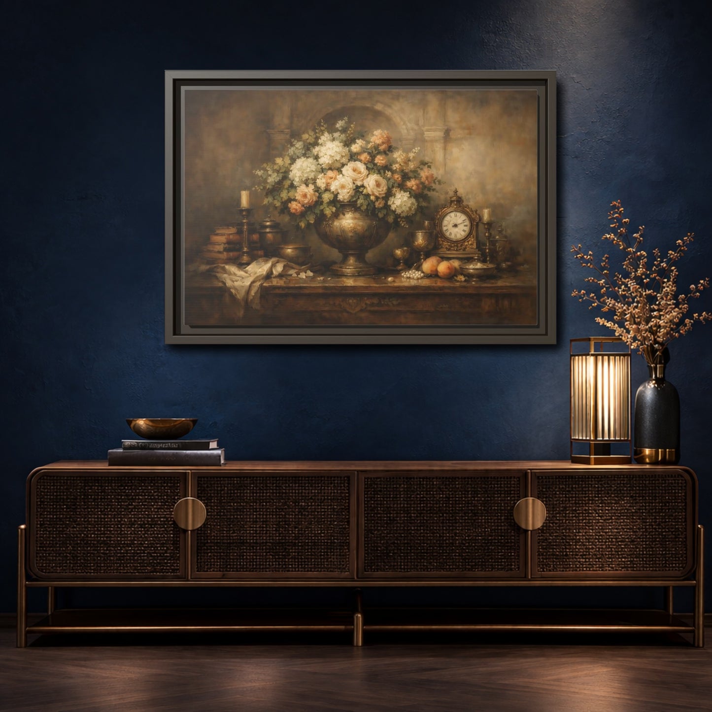 Mockup 4. Vintage Flower Arrangement Brown And Gold shown as stretched canvas wall art