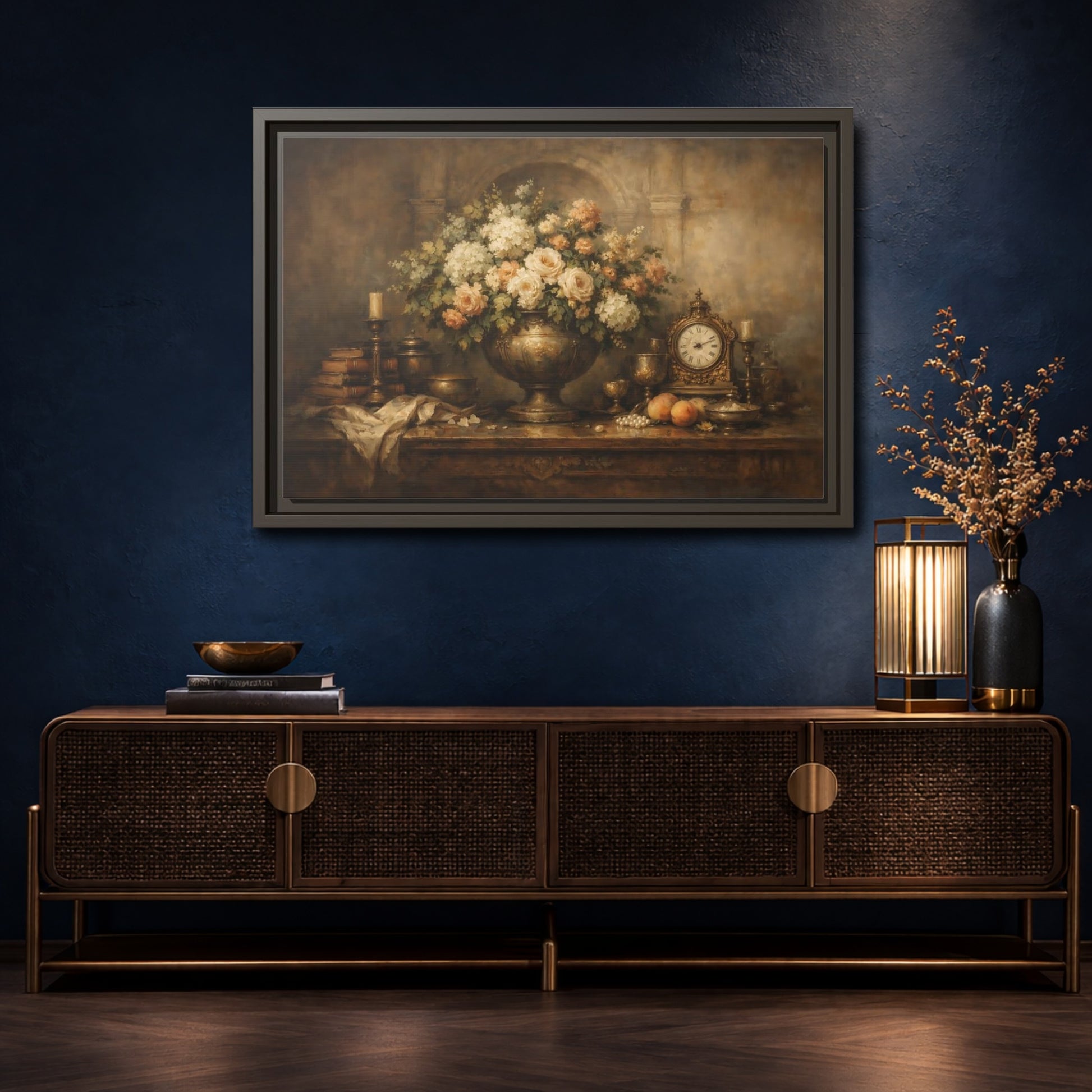 Mockup 4. Vintage Flower Arrangement Brown And Gold shown as stretched canvas wall art