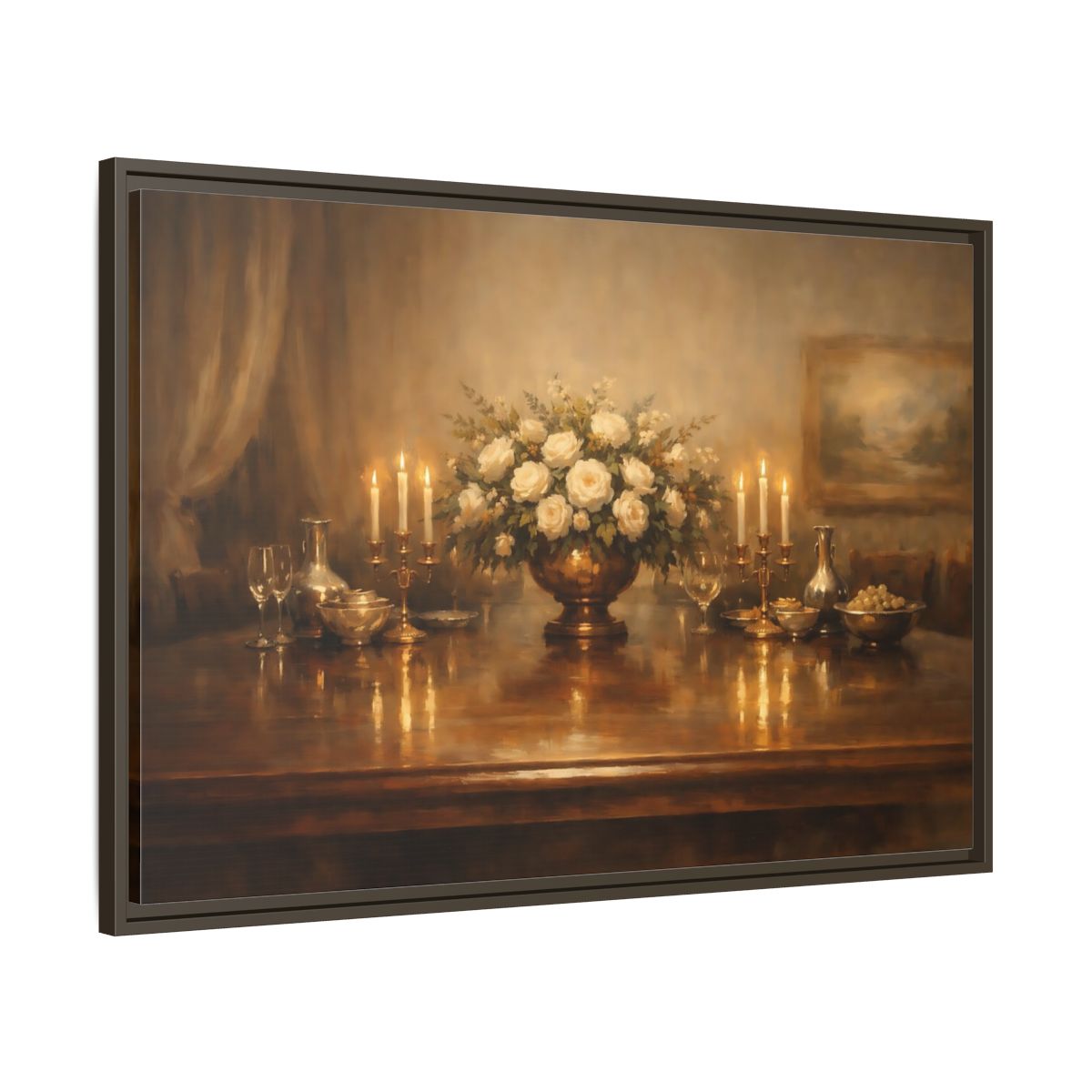 Side Mockup 9. Vintage Flower Arrangement Warm Tones shown as stretched canvas wall art
