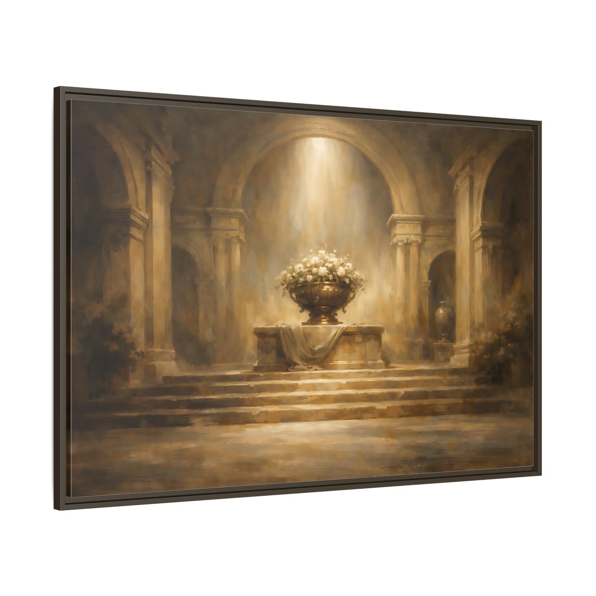 Main Mockup. Vintage Flower Urn Brown And Gold shown as stretched canvas wall art