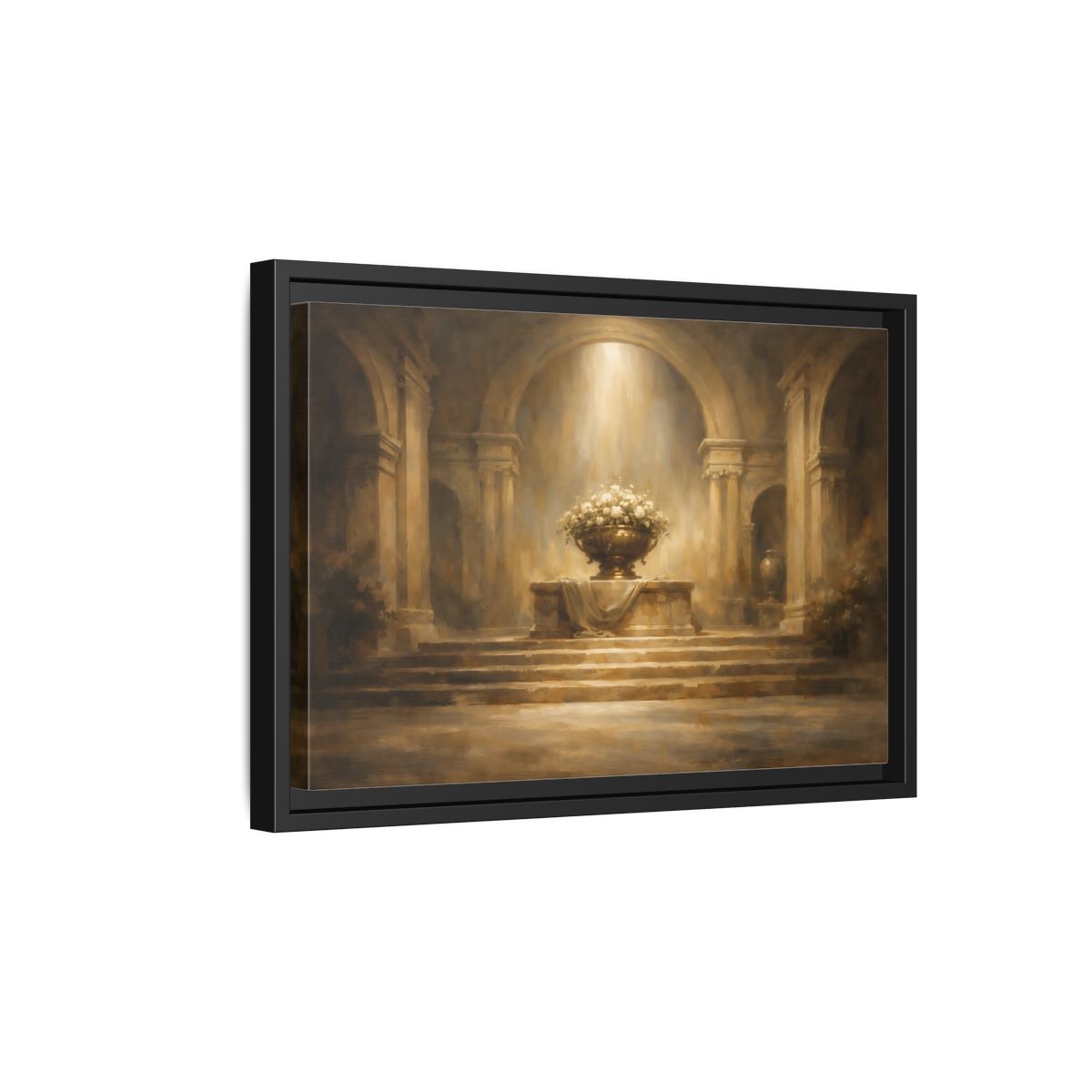 Side Mockup 6. Vintage Flower Urn Brown And Gold shown as stretched canvas wall art
