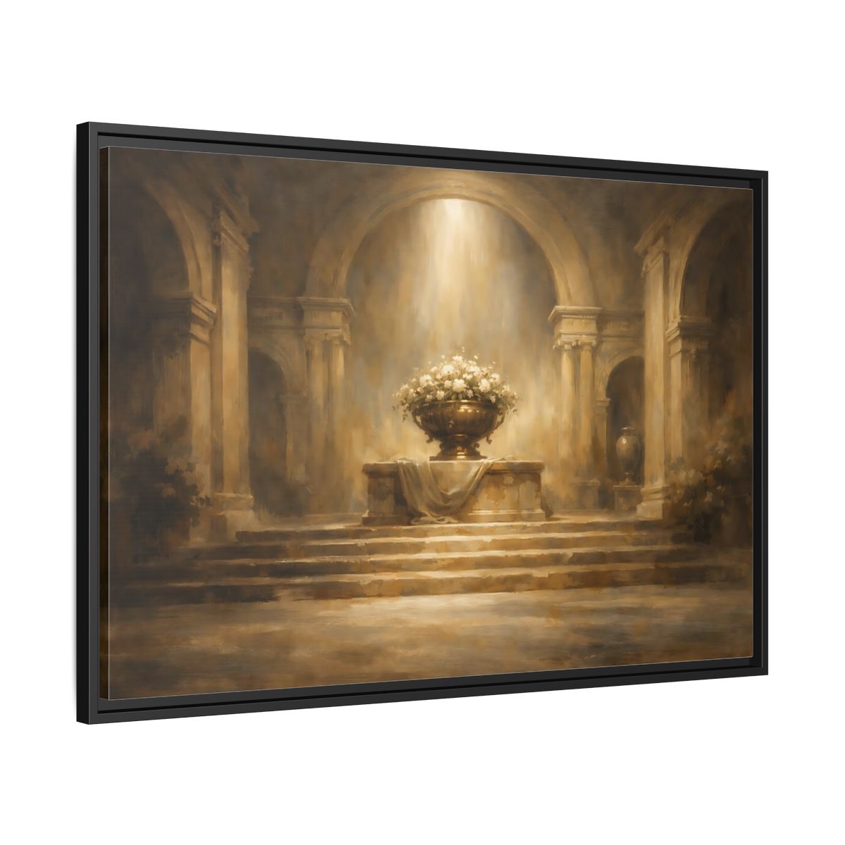 Side Mockup 13. Vintage Flower Urn Brown And Gold shown as stretched canvas wall art
