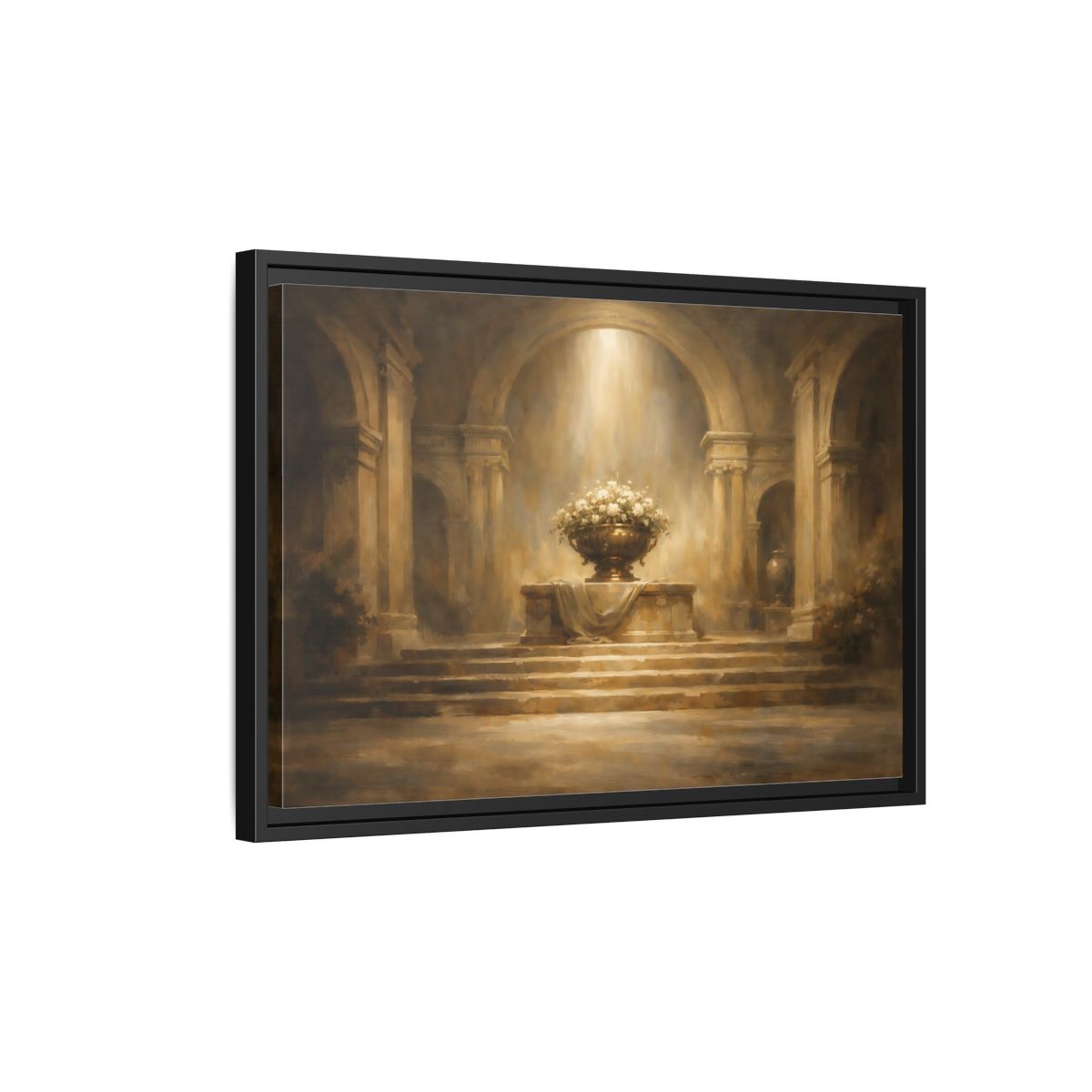 Side Mockup 3. Vintage Flower Urn Brown And Gold shown as stretched canvas wall art