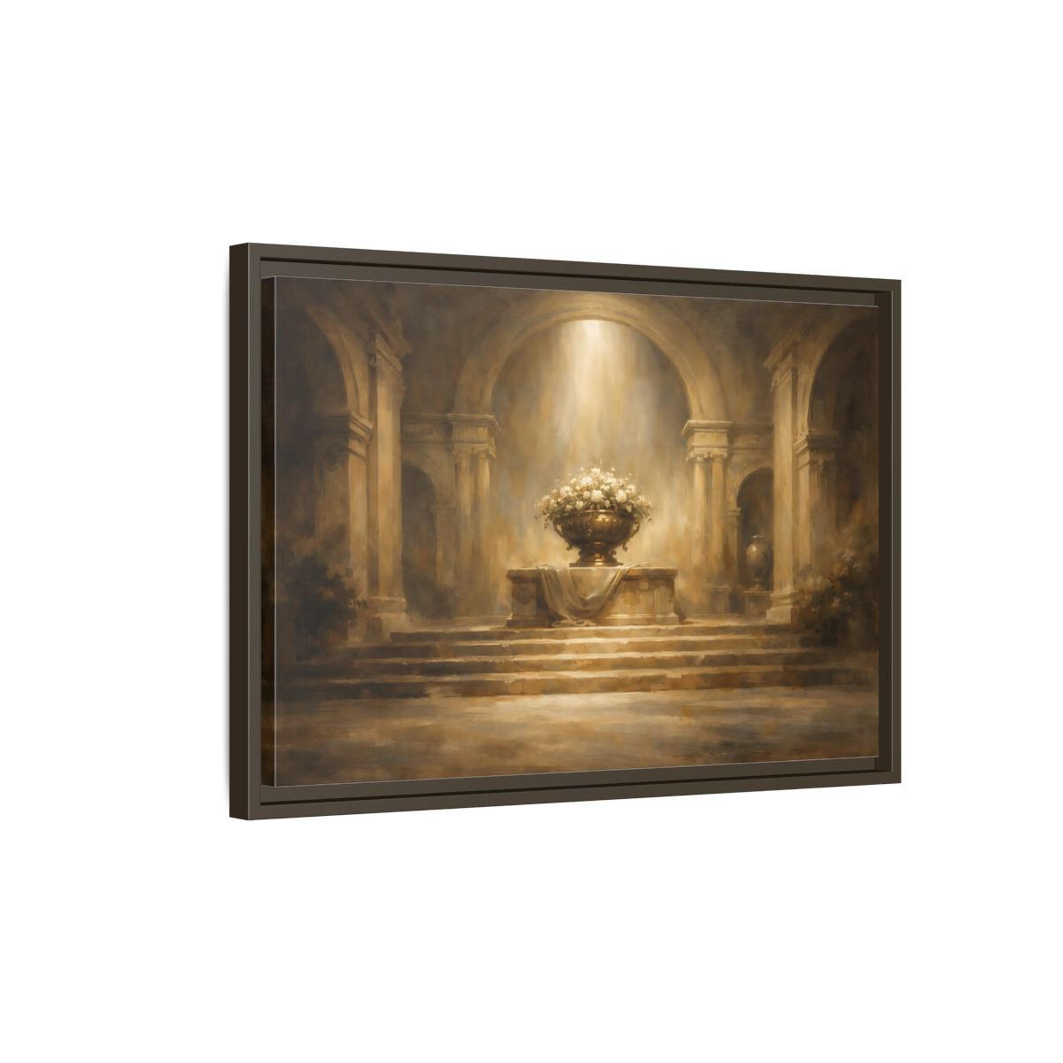 Side Mockup 2. Vintage Flower Urn Brown And Gold shown as stretched canvas wall art