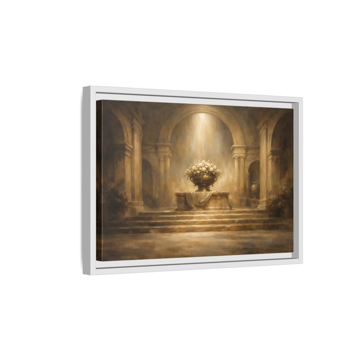 Side Mockup 4. Vintage Flower Urn Brown And Gold shown as stretched canvas wall art