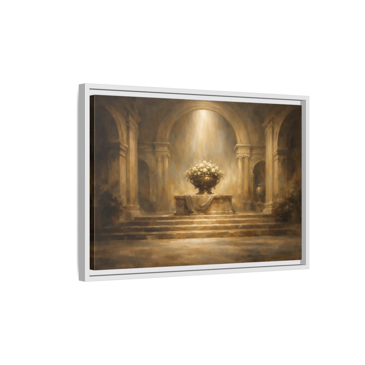 Side Mockup 1. Vintage Flower Urn Brown And Gold shown as stretched canvas wall art