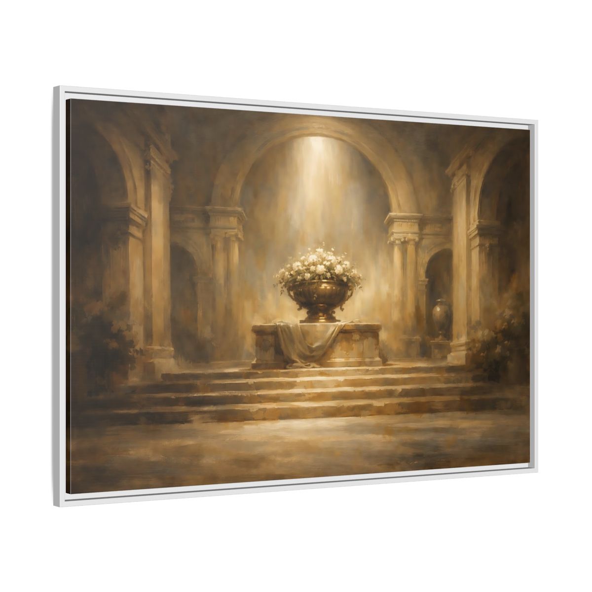 Side Mockup 7. Vintage Flower Urn Brown And Gold shown as stretched canvas wall art